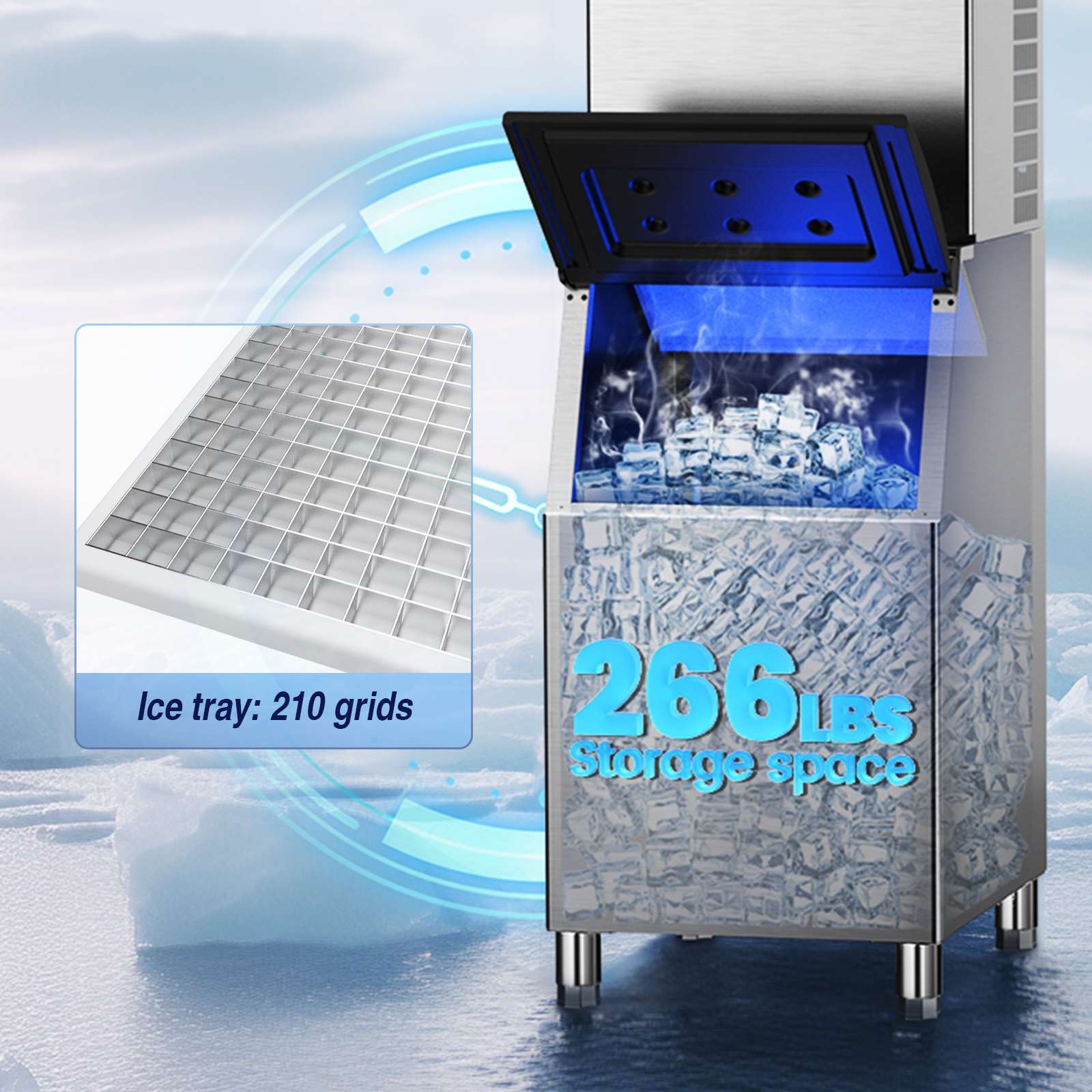Mirfee 400LB/24H Commercial Ice Maker Freestanding Ice Machine 266LBS Storage