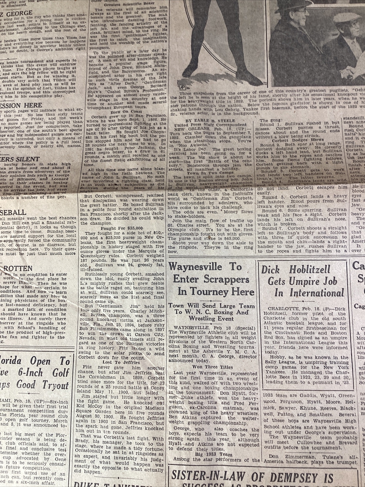 Ashville NC Newspaper Feb 19, 1933 Boxer Jim Corbett Dempsey Lou Gehrig Haverty