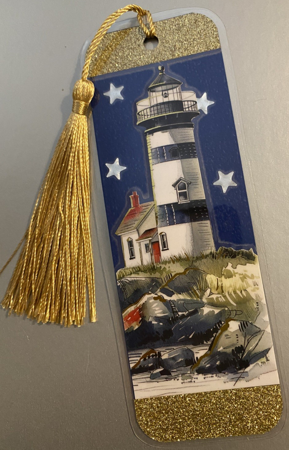 Lighthouse and Star Bookmark with Tassel - Laminated with Glitter Borders 6x2"