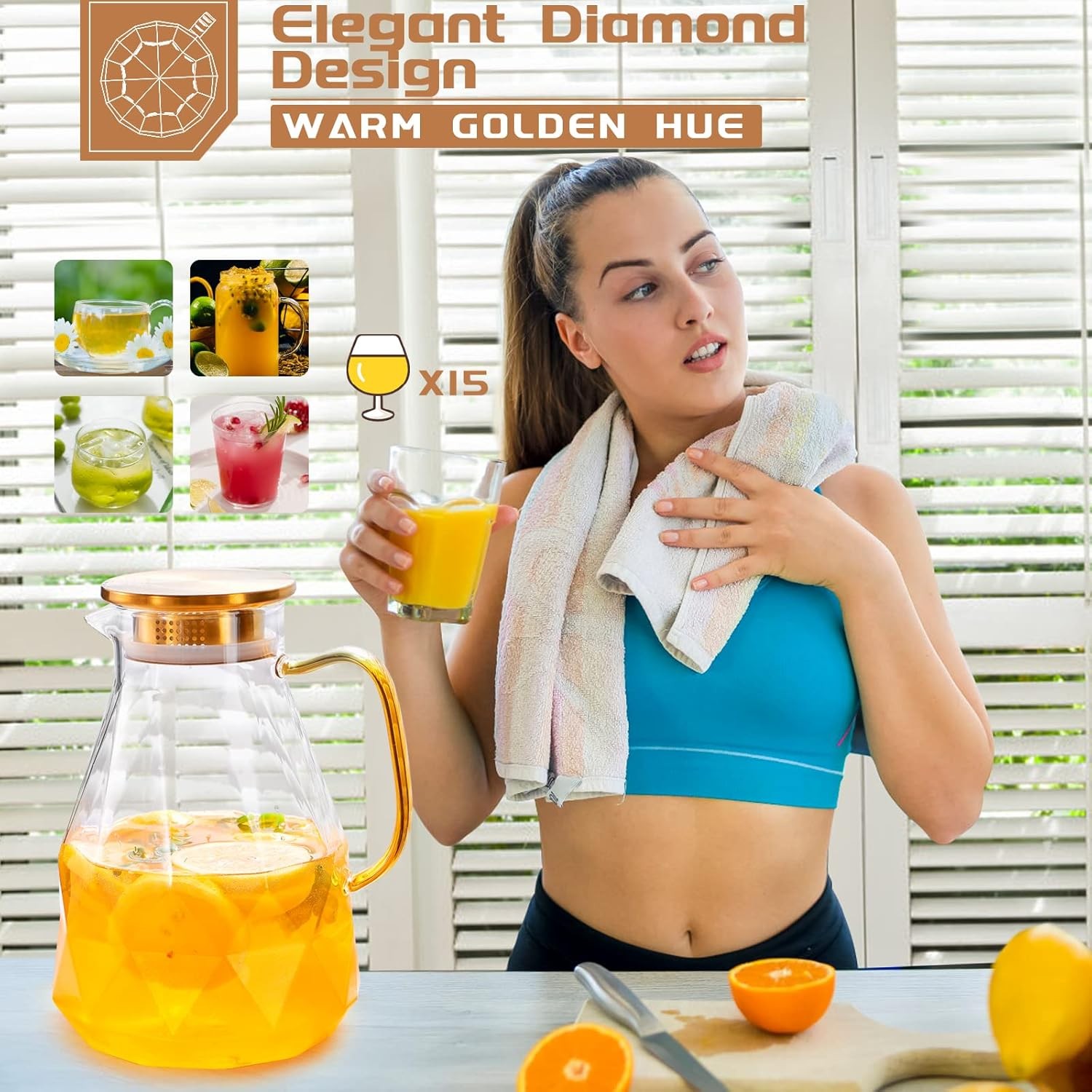 Glass Pitcher, 2.2 Liter Water Pitcher With Lid,Iced Tea Pitcher for Fridge