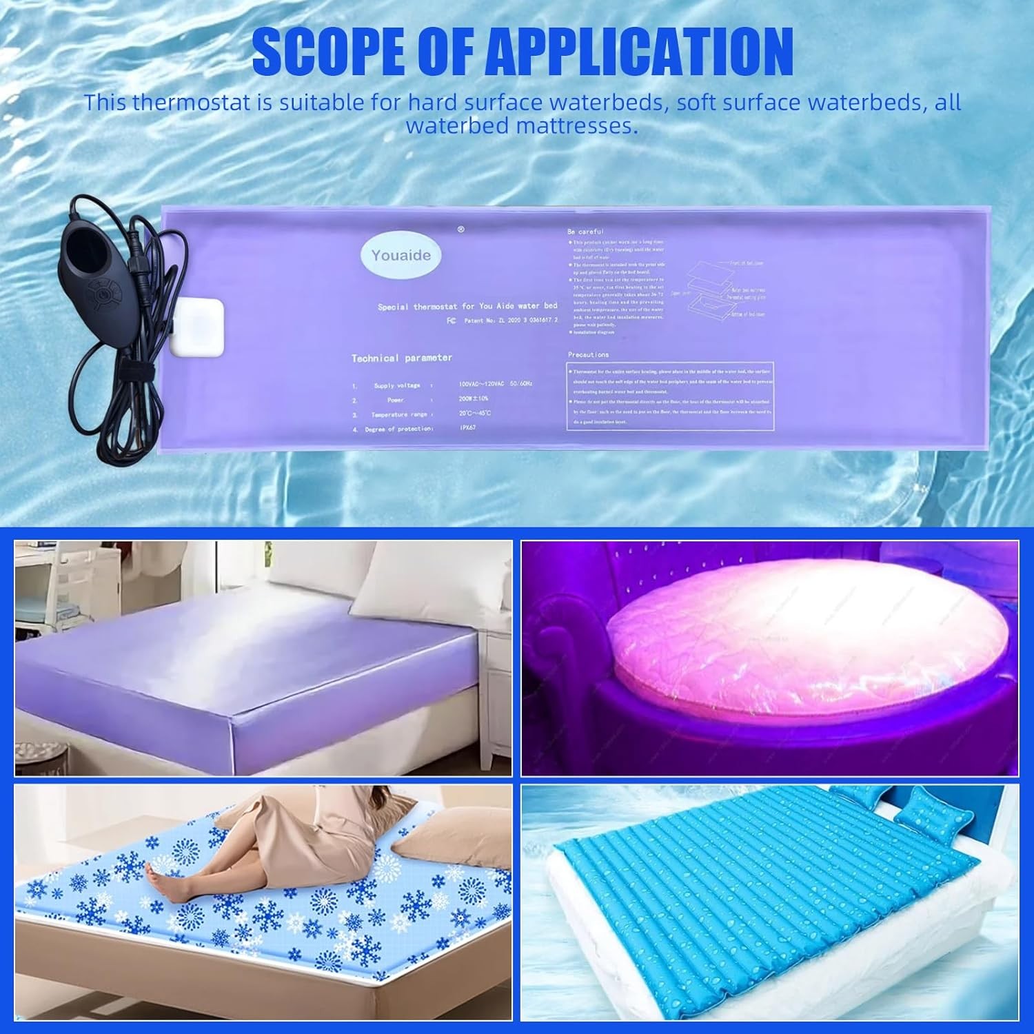 Smart Waterbed Heater with LED Digital Controller, 250W Waterbed Heating Pad for