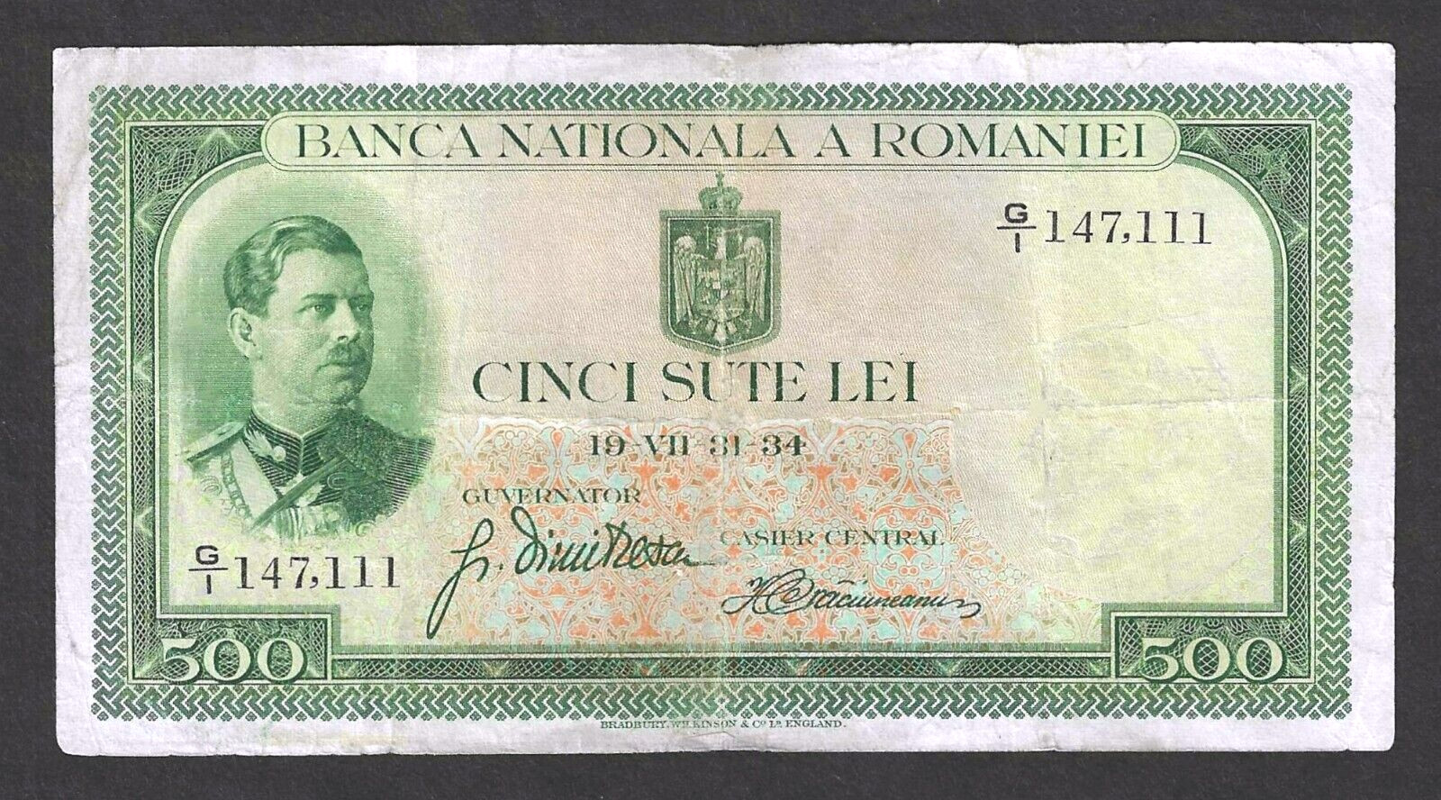 1934 ROMANIA 500 LEI ~ P-44 ~ KING CAROL II PORTRAIT ~ SCARCE TYPE