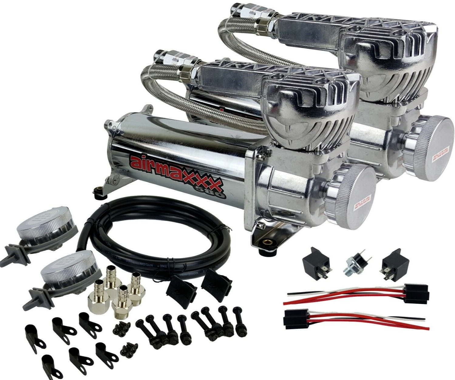 airmaxxx Dual 580 Chrome Compressors with 150/180 Switch & Filter Relocate Kit