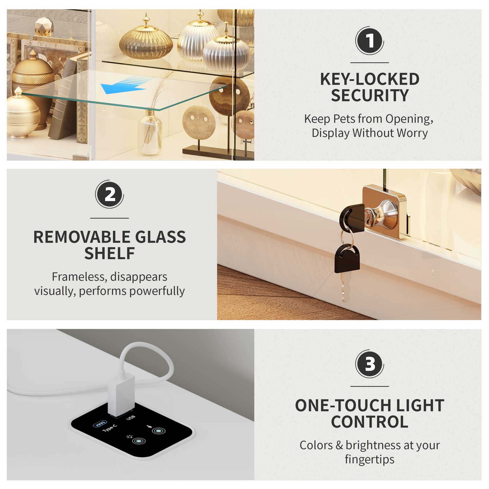 Gurexl Glass Display Cabinet with Lock, Display Cases with 3-Color LED Lights