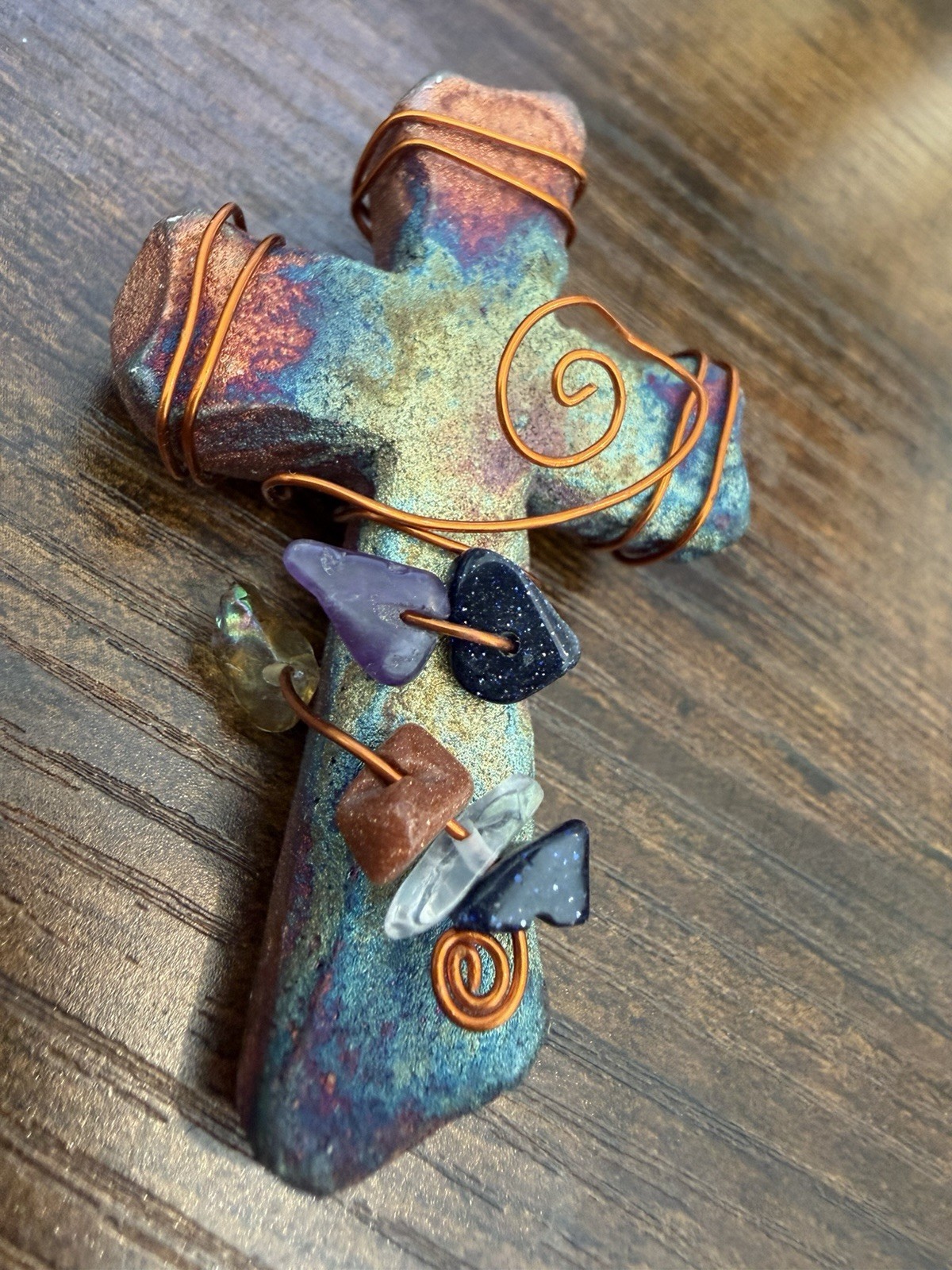 Jeremy Diller Raku Pottery Cross Magnet Art Iridescent w Copper Wire & Stones