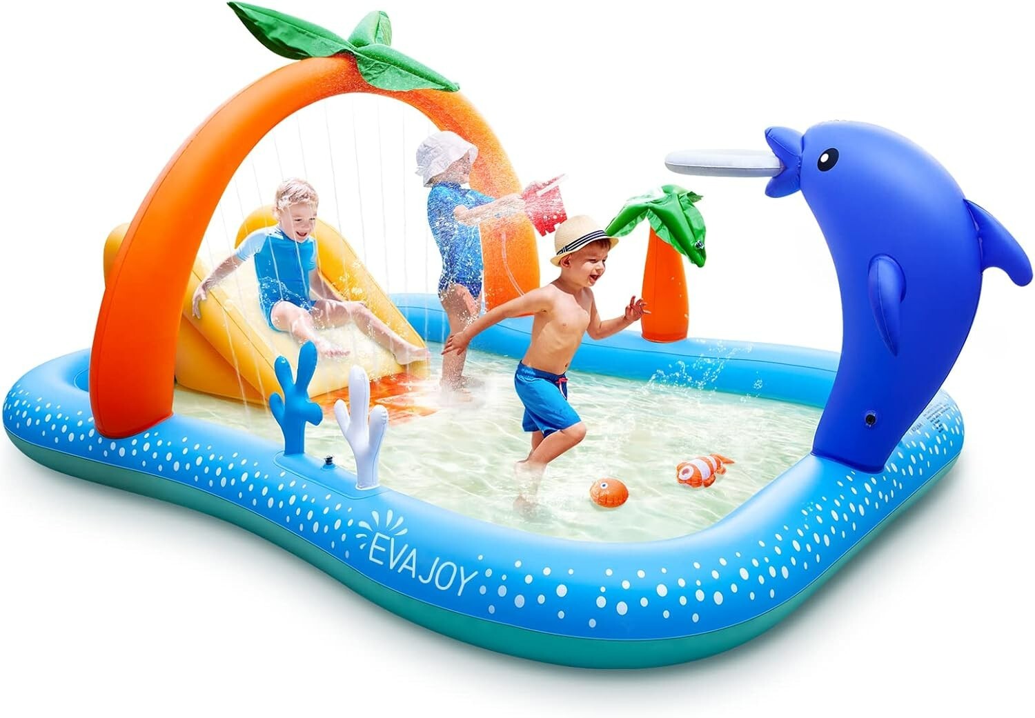 EVAJOY EJ-HF022 Inflatable Play Center Kiddie Pool with Slide & Sprinkler, New