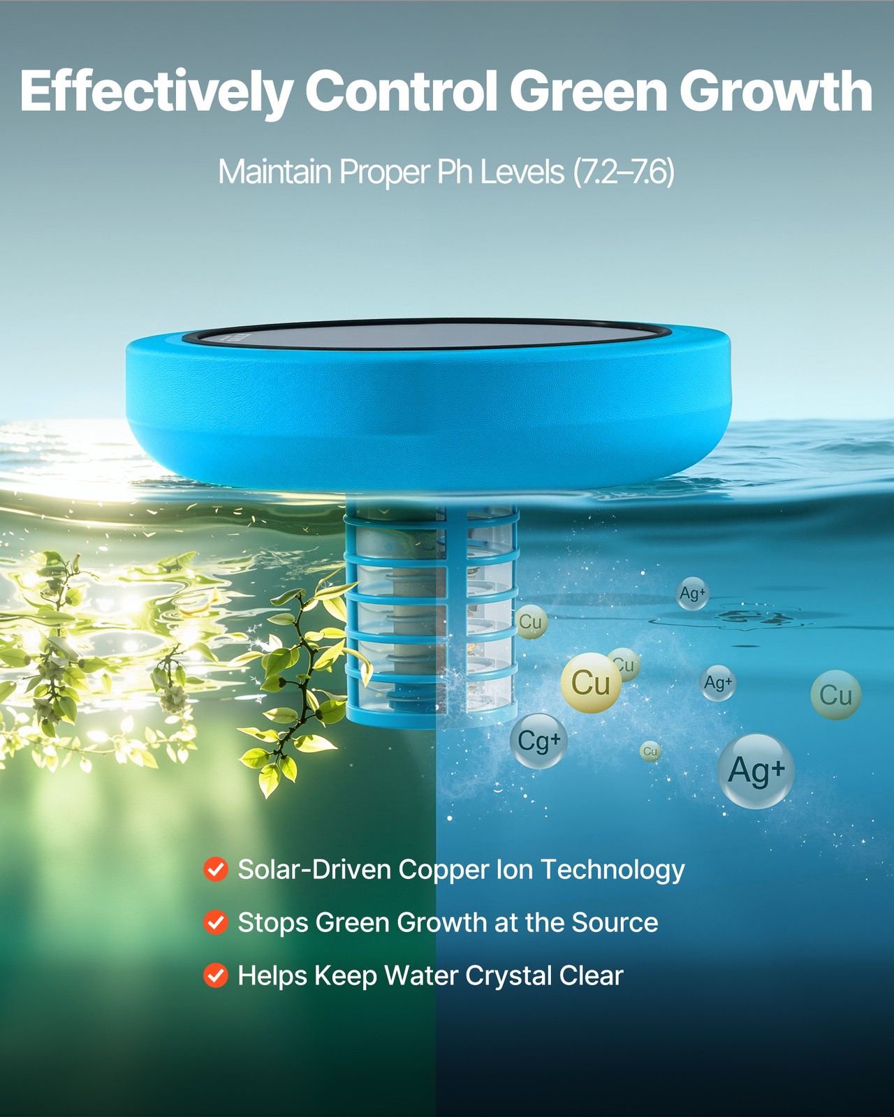 VEVOR Solar Pool Ionizer Round Copper Pool Ionizer Up to 35000 Gal for Pool Blue