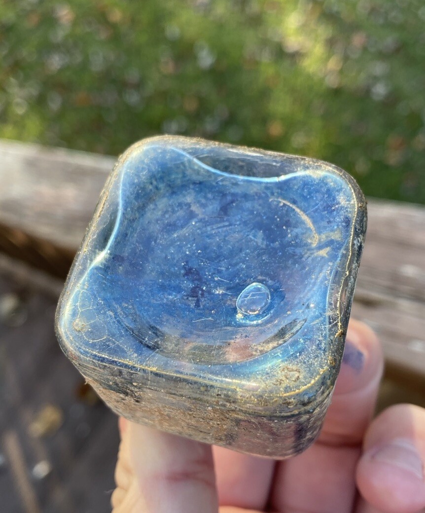 Clear Inkwell With Blue Ink And Partial Label