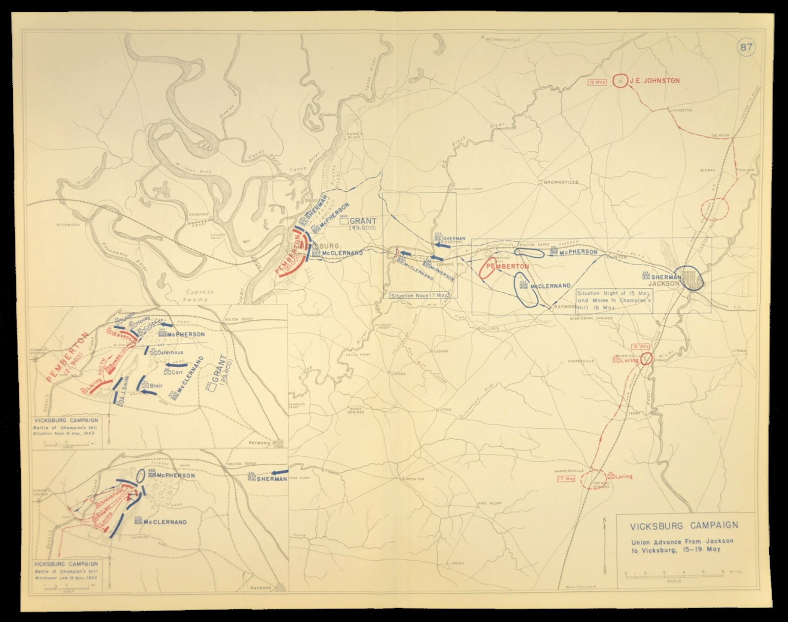 Civil War Map Union Advance to Vicksburg Campaign Mississippi Grant Pemberton
