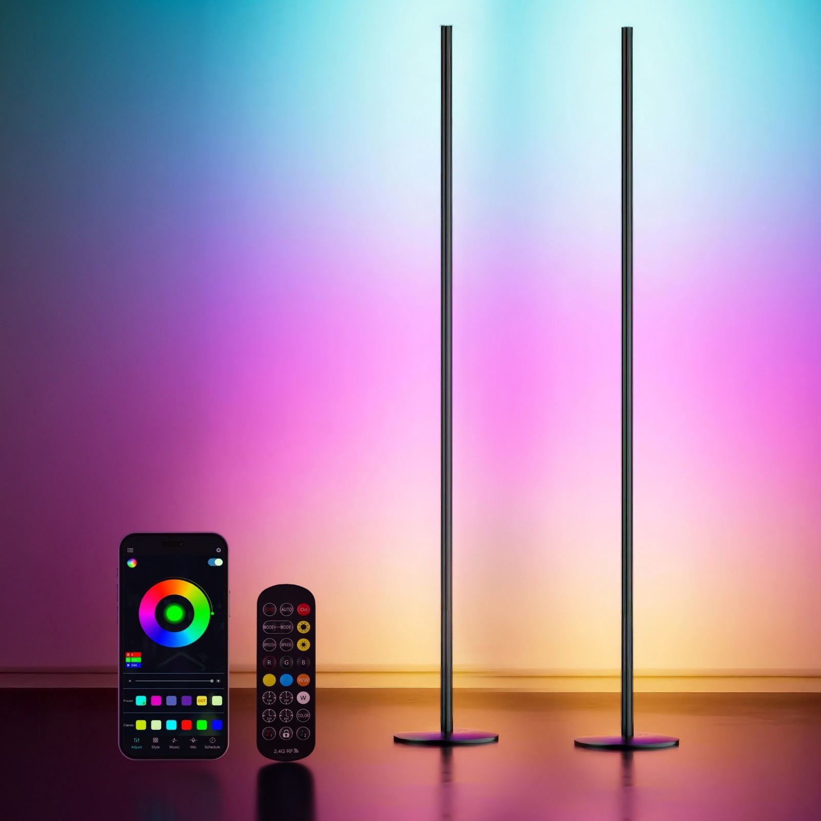 2 x Smart RGBIC LED Corner Floor Lamp with Remote & App 1500 Lumens Music Sync