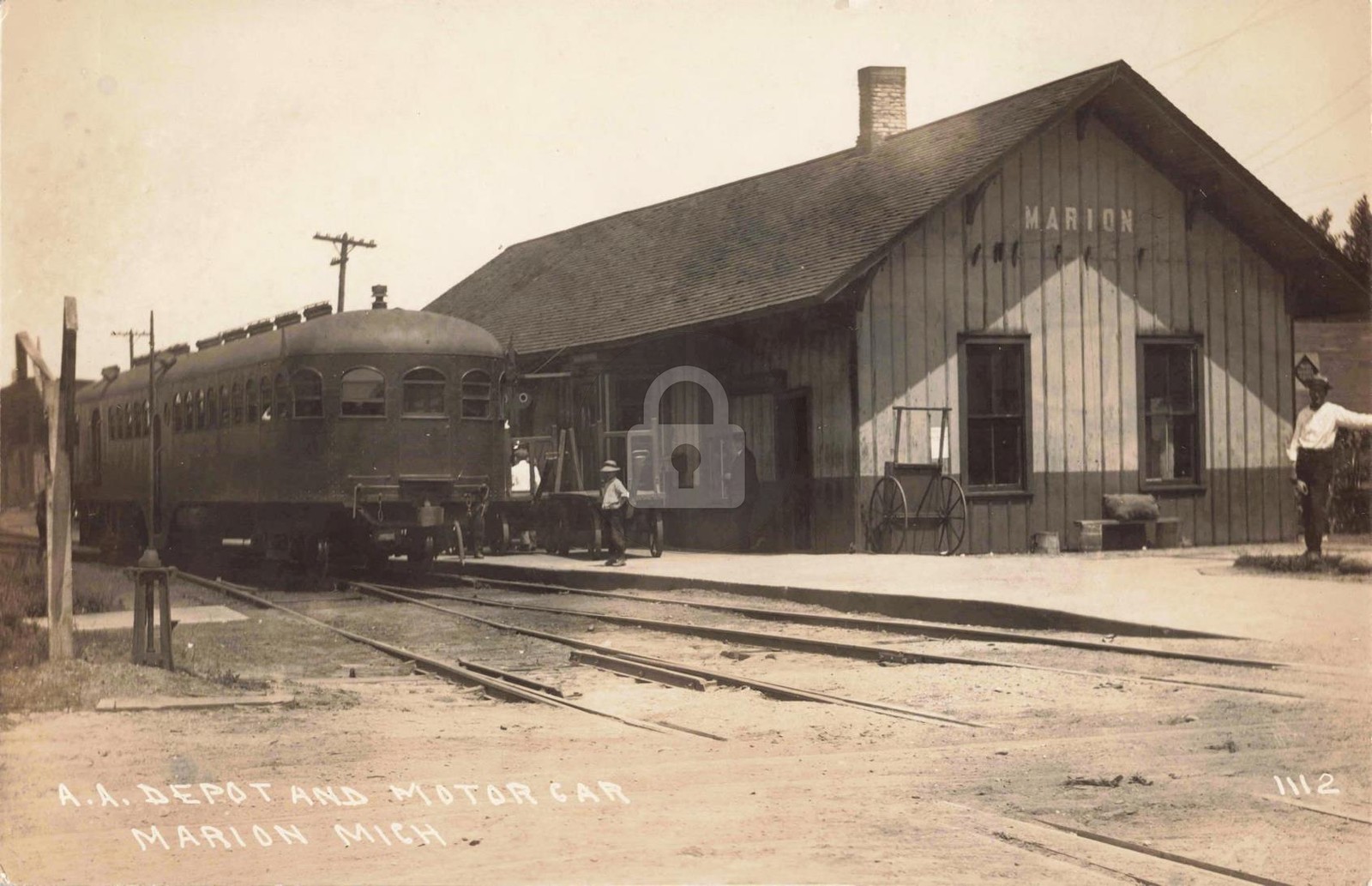 Railroad A.A. Depot & Motor Car, Marion MI Michigan RPPC Photo Postcard COPY