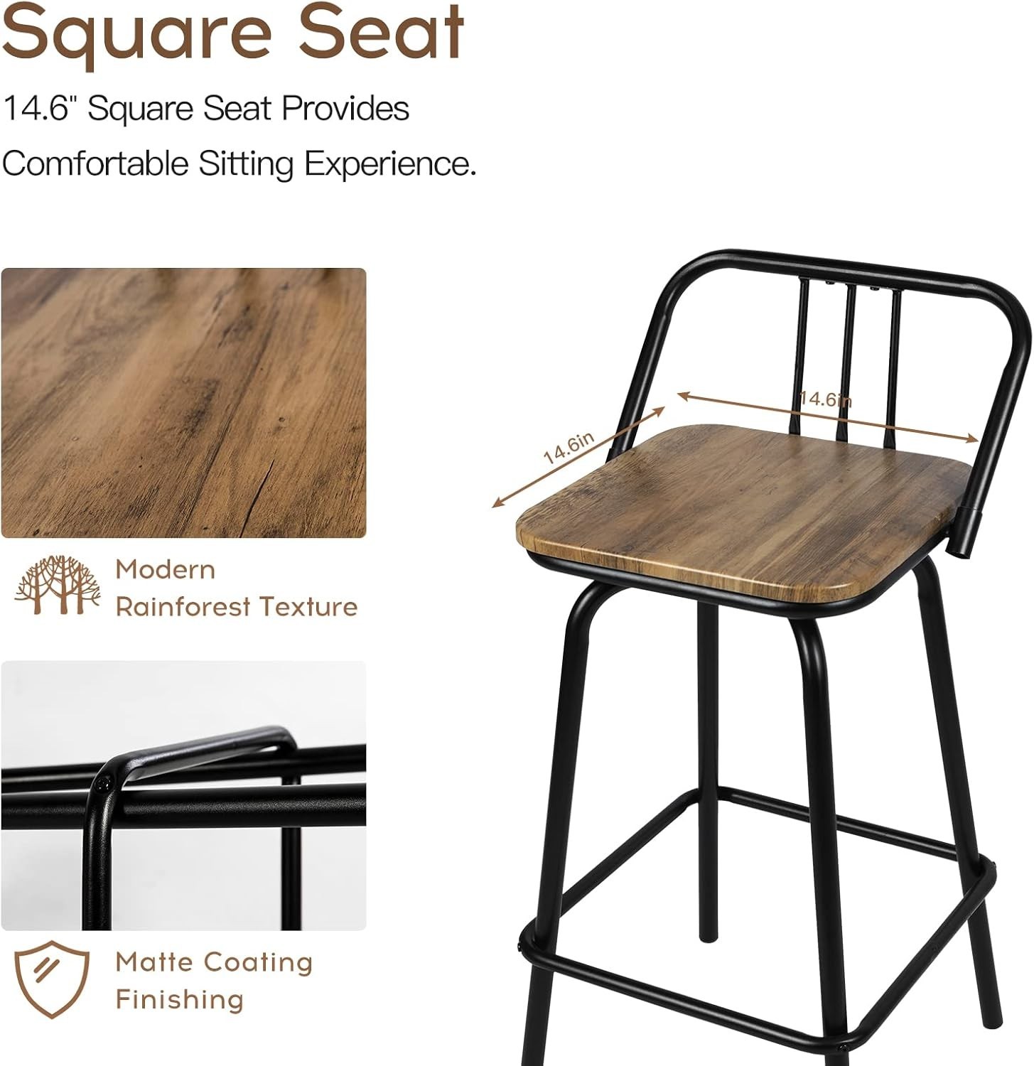 Set of 2 Heavy Duty Swivel Bar Stools /w Low Backrest Square Counter + Footrest