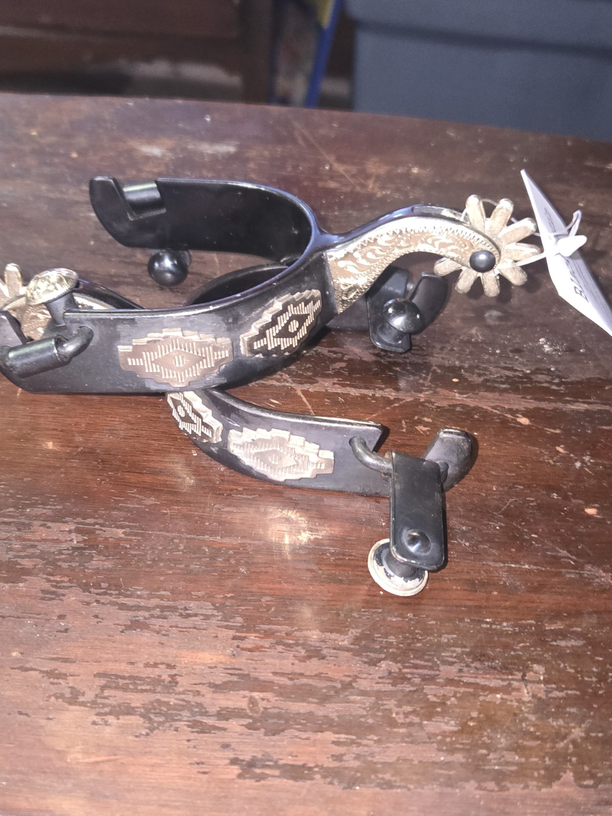 Men's Partrade/Metalab Black Western spurs w/German silver Aztec trim