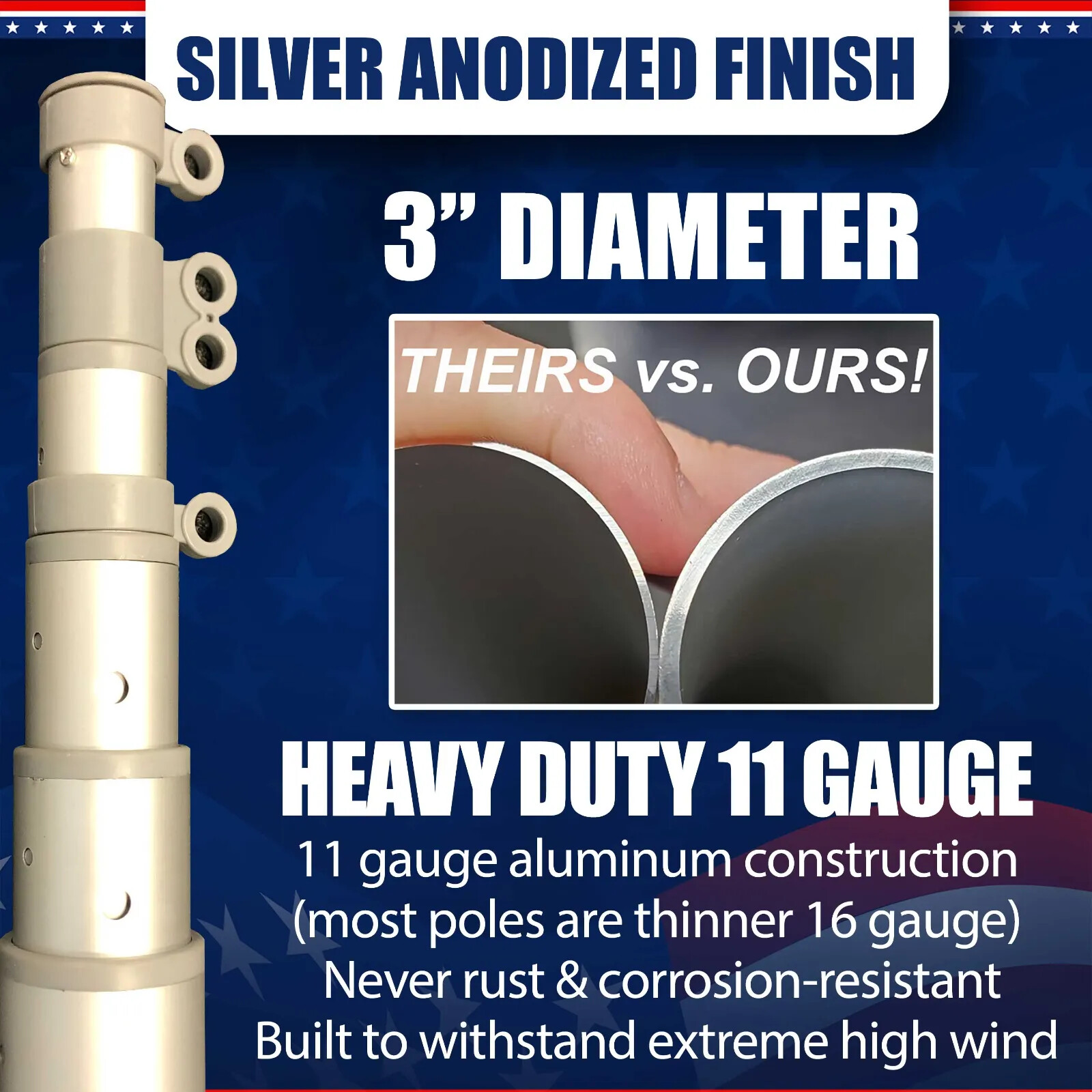 20' & 25' Delta Pin-Lock TELESCOPING Flag pole (Silver)