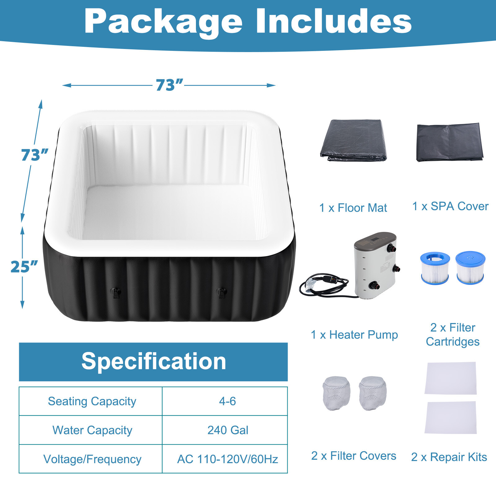 NAIZEA 240 Gallon Inflatable Hot Tub 6 Person Control Panel With 130 Bubble Jets