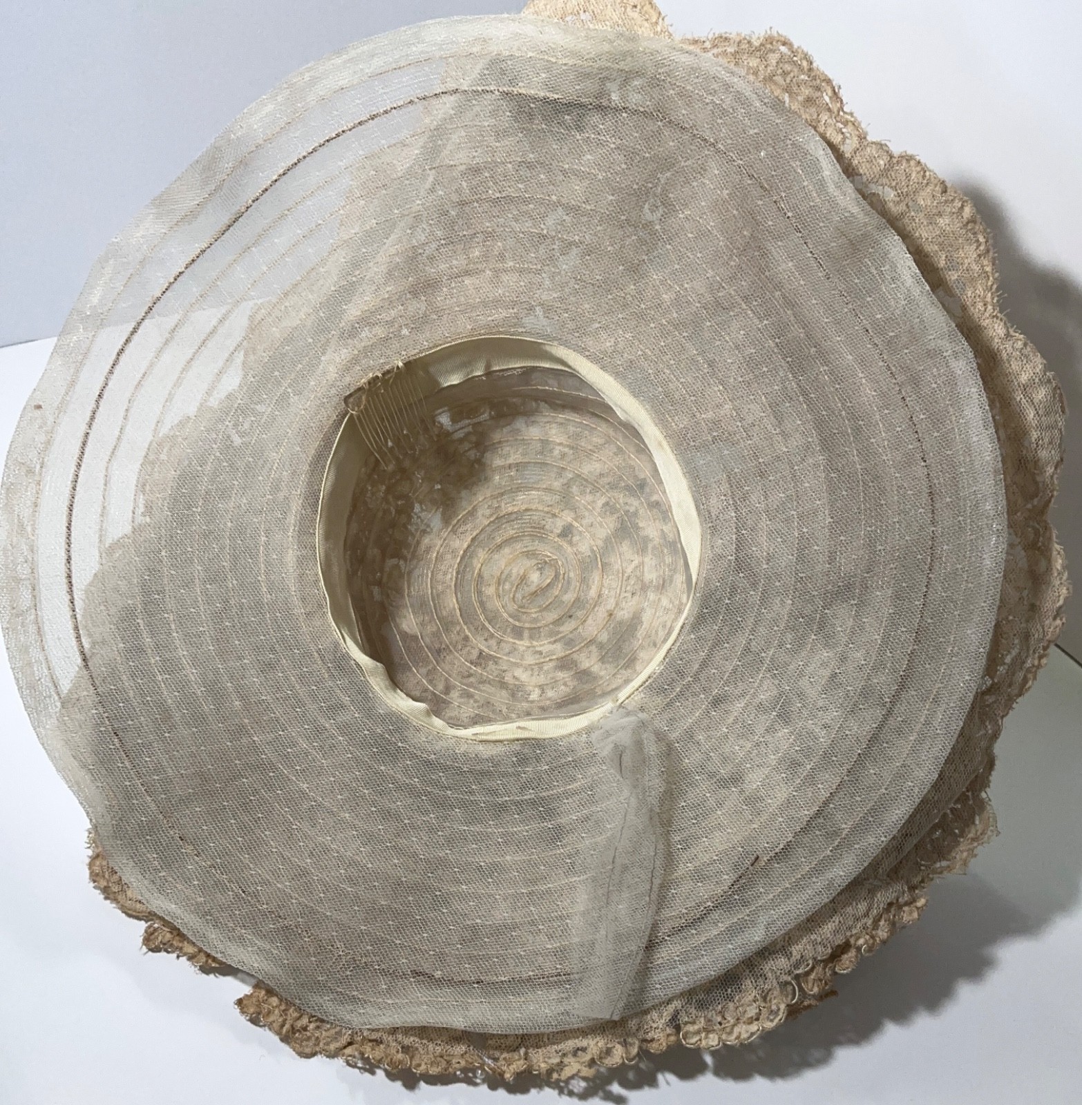 Pearl beaded sequined & corded Chantilly lace dark ivory wedding hat VNT 1983