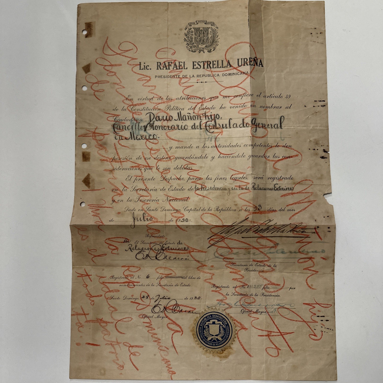 1930 Signed Document Rafael Estrella Ureña.