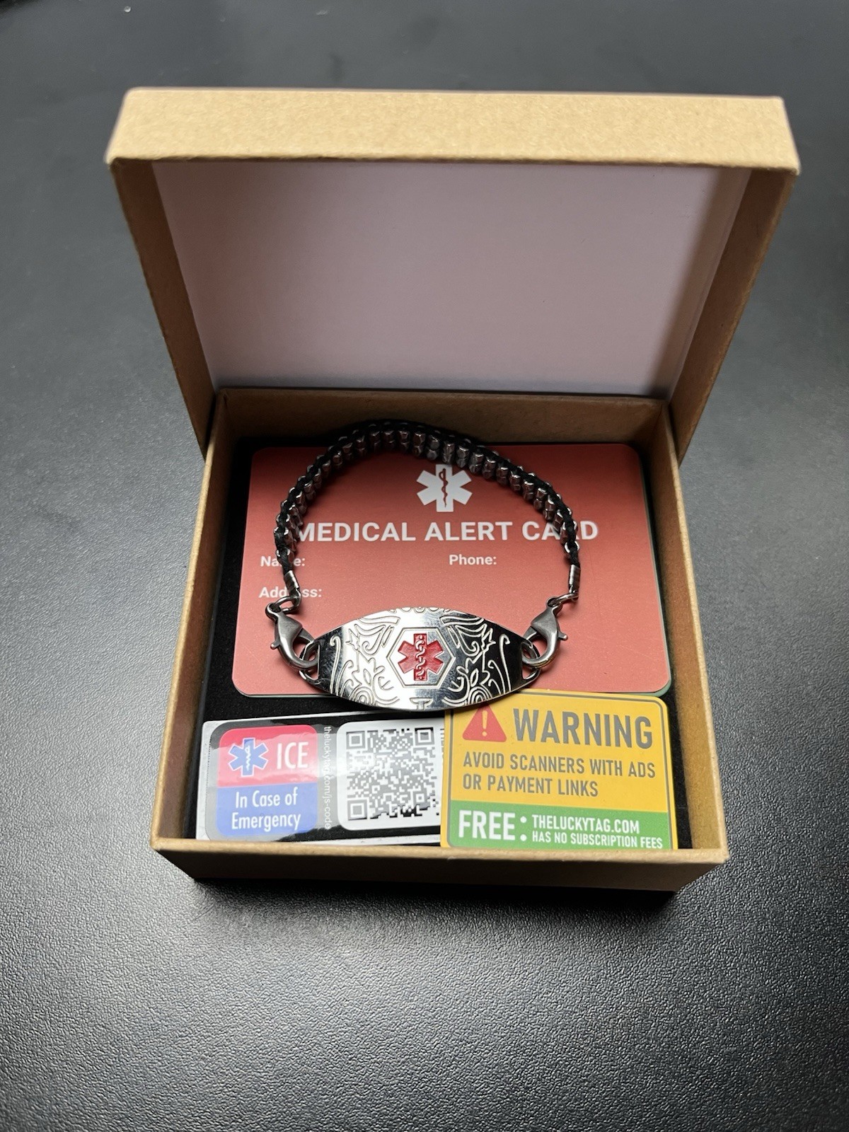 TheLuckyTag QR Code Medical Alert Bracelet Black Stainless NIB