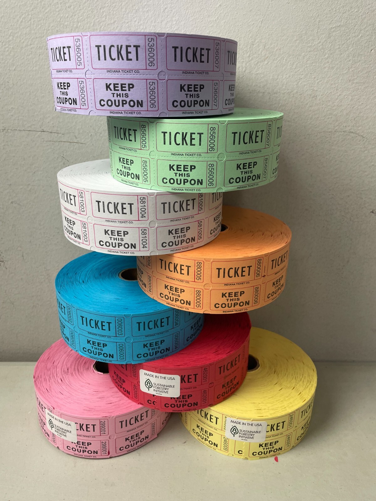 1 Case Raffle Tickets 20 Rolls 2000 Ea. 50/50 Assorted Double Stub Split the Pot