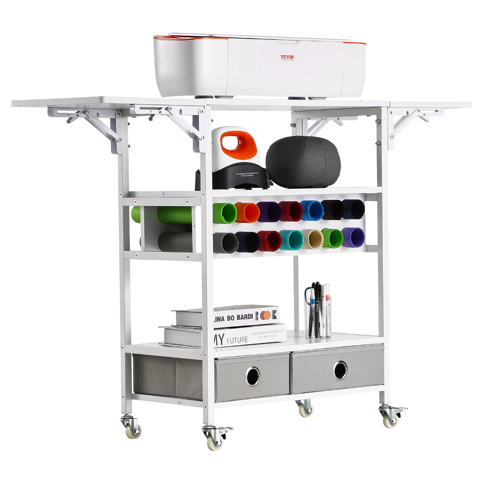 VEVOR Rolling Craft Cart and Storage Table 14 Vinyl Roll Holders 2 Drawers