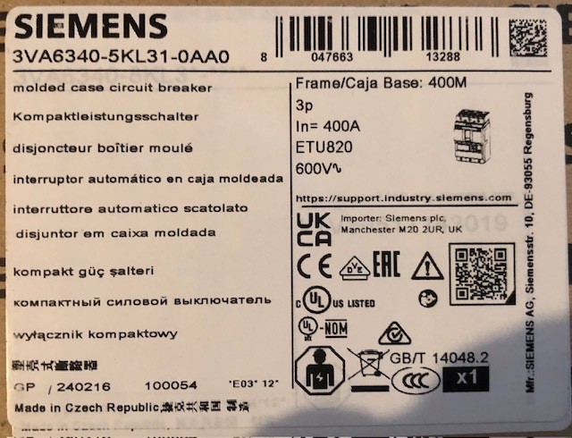 Siemens 3VA6340-5KL31-0AA0 400AMP 3-Pole Circuit Breaker NEW IN BOX!