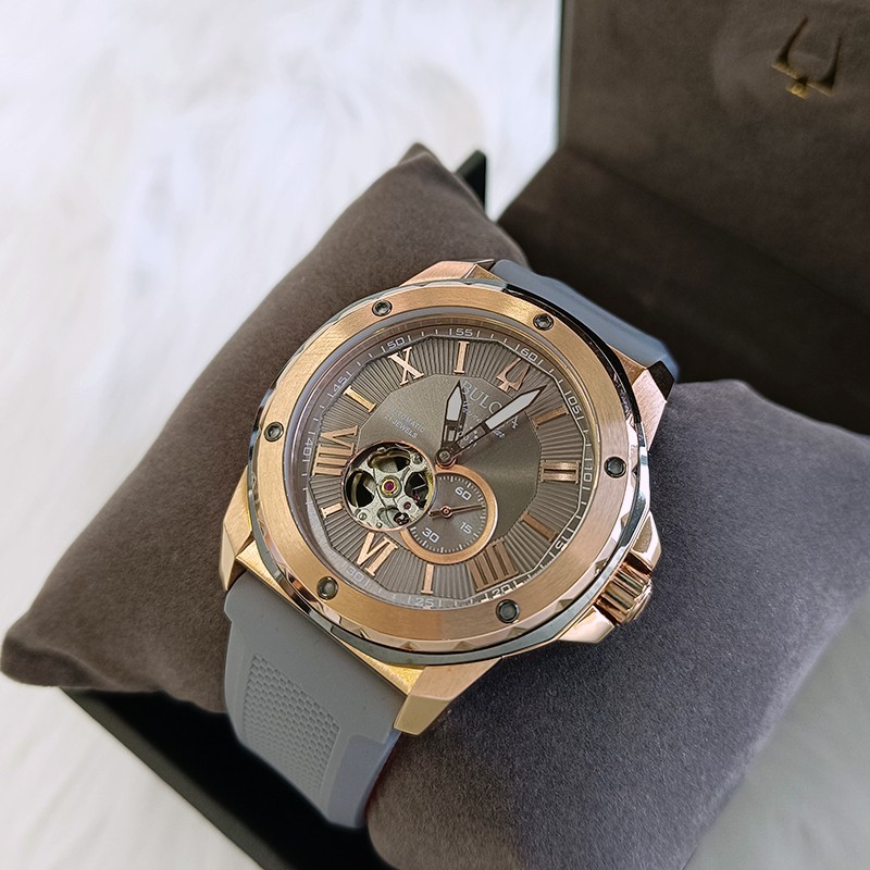 Bulova Marine Star Rose Gold Dial Grey Rubber Strap Men's Automatic Watch 98A228