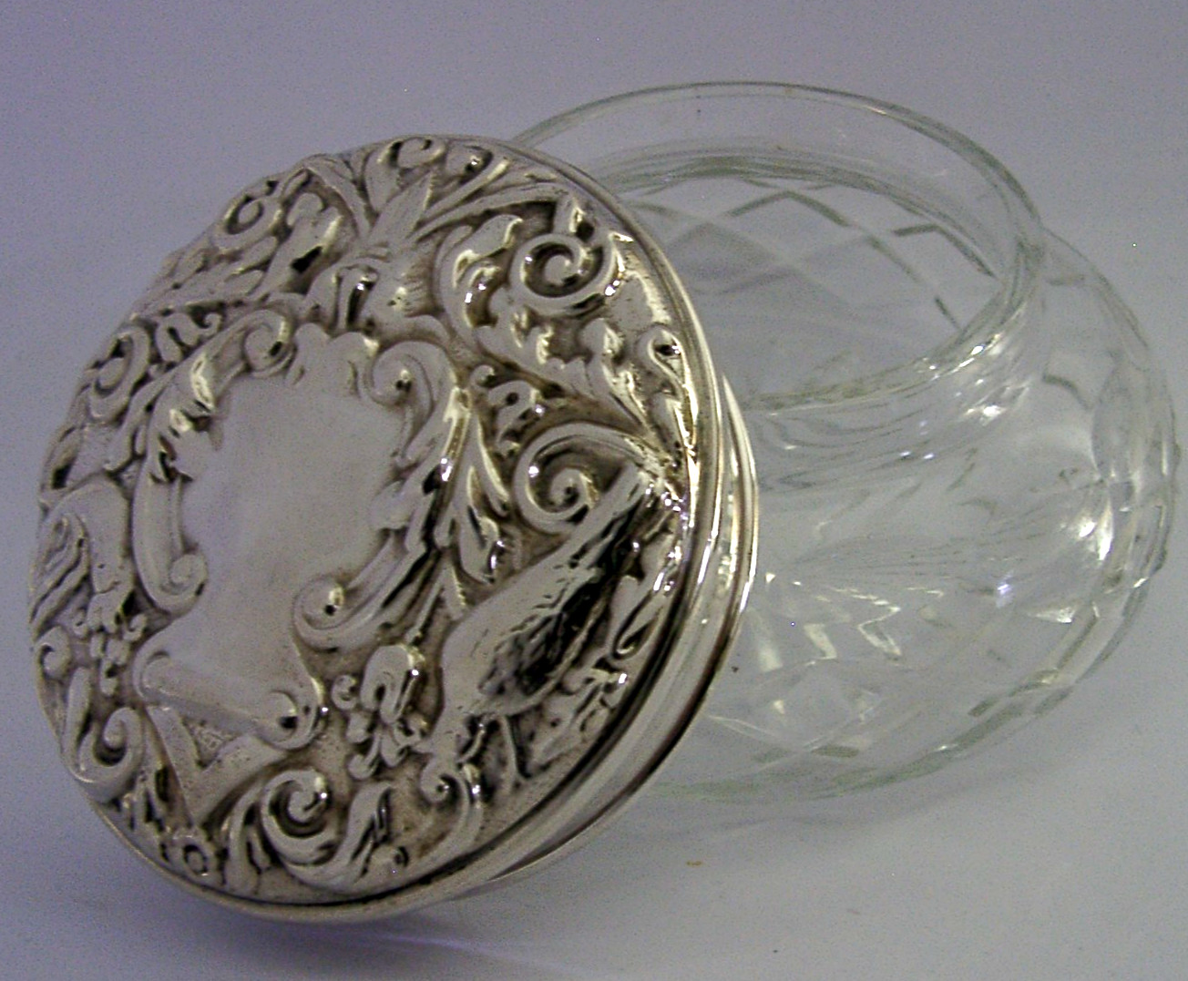 LARGE STERLING SILVER CUT GLASS POT JAR ENGLISH 1979 THE GREEN MAN