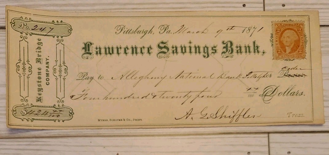 1871 Lawrence Savings Bank Pittsburgh Pennsylvania Check w G Washington Stamp B