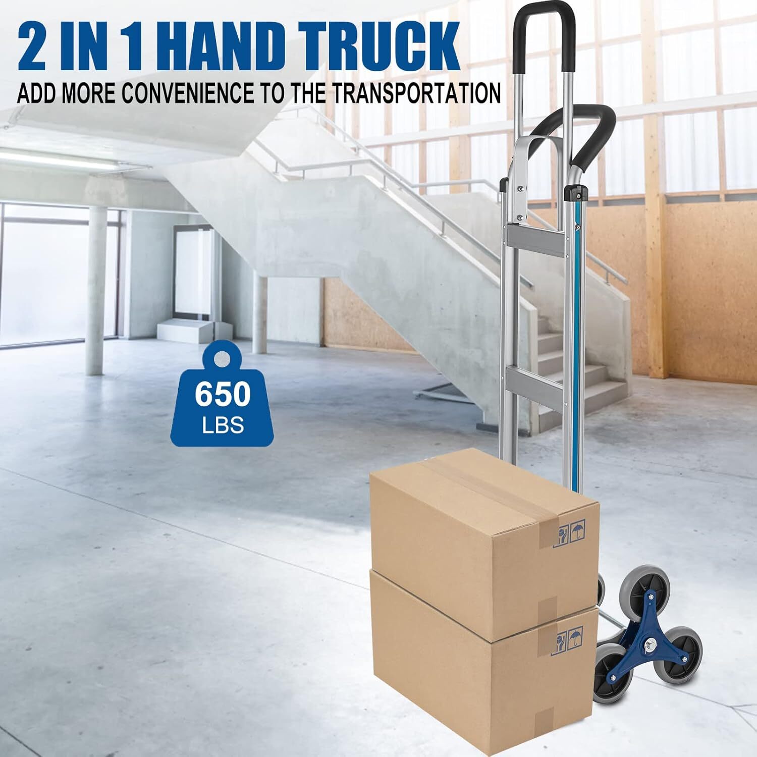 Stair Climbing Cart 650 lbs Capacity Aluminum Hand Truck Dolly with Dual Handles