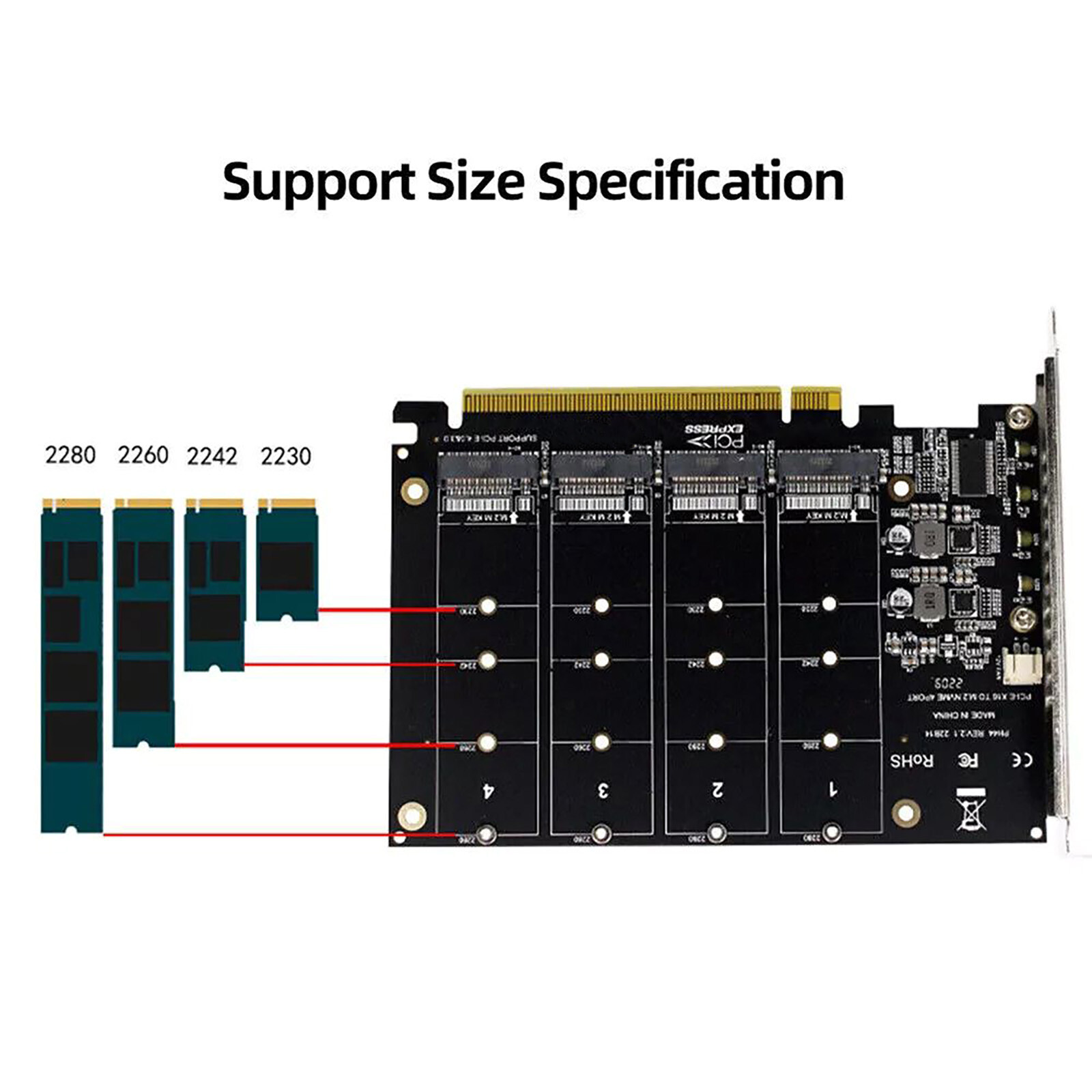 4-Port M.2 NVME SSD to PCIe 3.0 4.0 X16 Connector Expansion Card 4 x 32Gbps