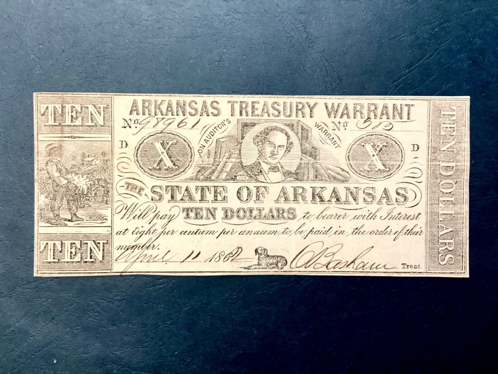 ~1862 State of Arkansas $10 Treasury Warrant - A Civil War Era Note