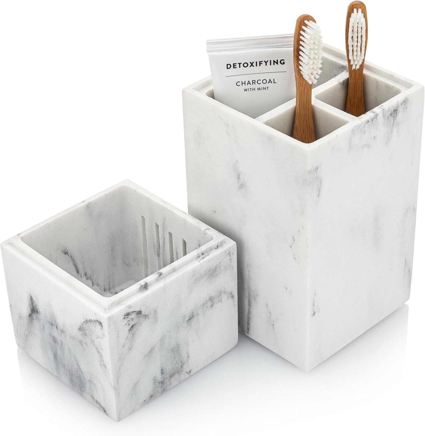 Essentra Home Toothbrush Holder with Lid, Elegant White Marble Bathroom Toothbru