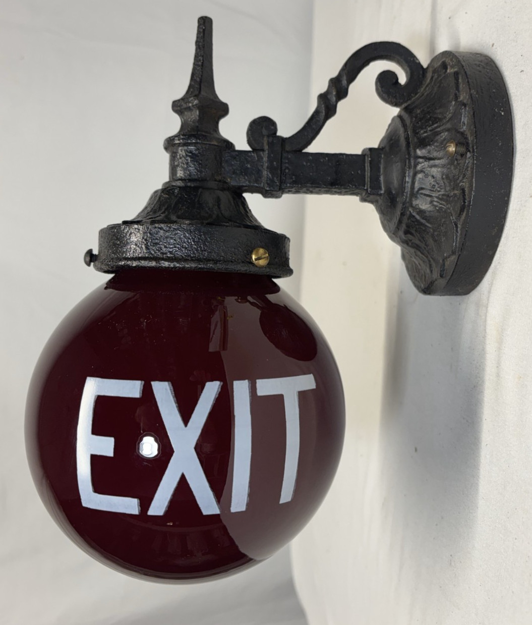Vtg Exit Glass Light Globe Wall Sconce Cast Iron Fixture Art Deco Shade USA #L61