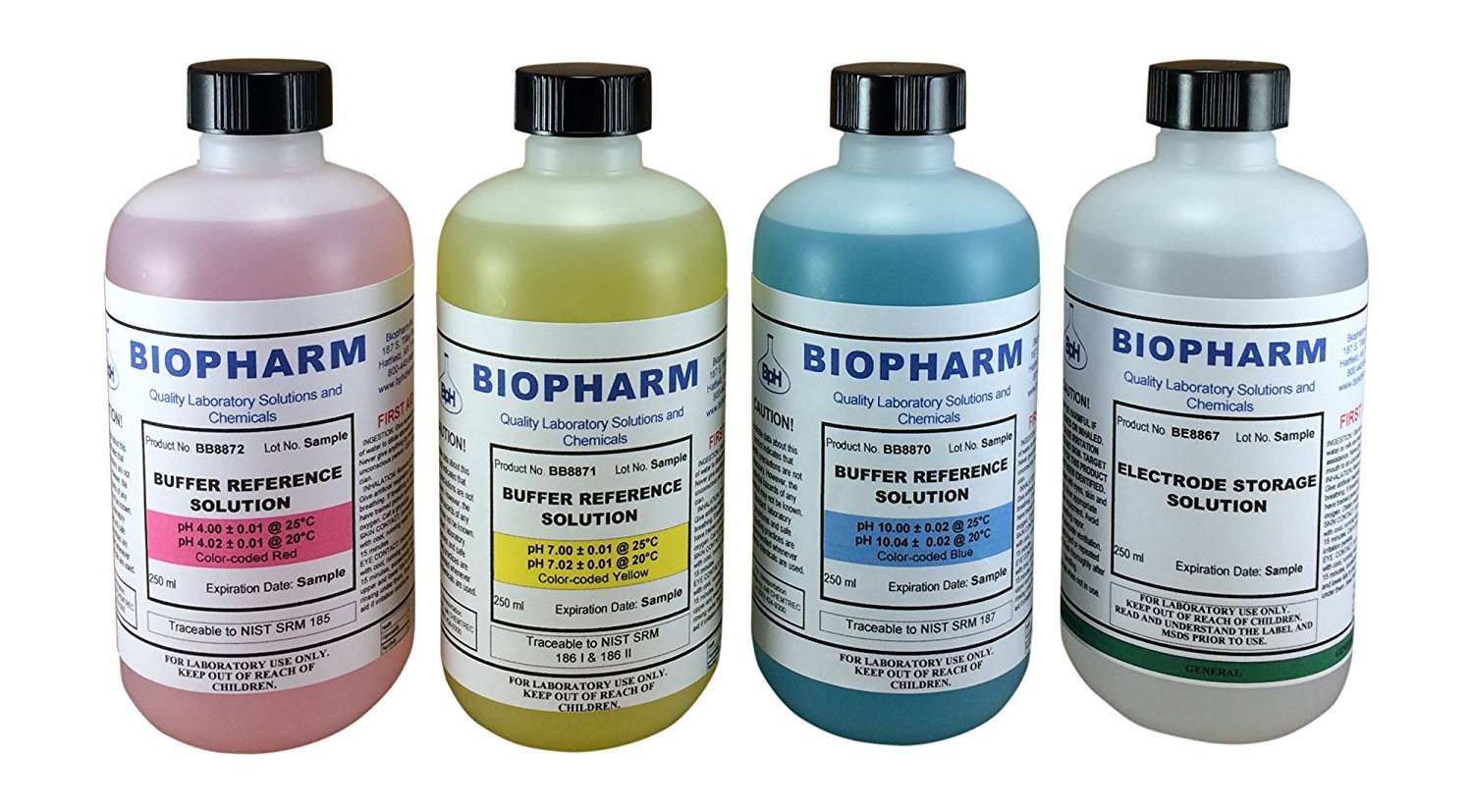 Biopharm Buffer Calibration Solution (4) each 8oz bottles pH 4, 7, 10, and ES