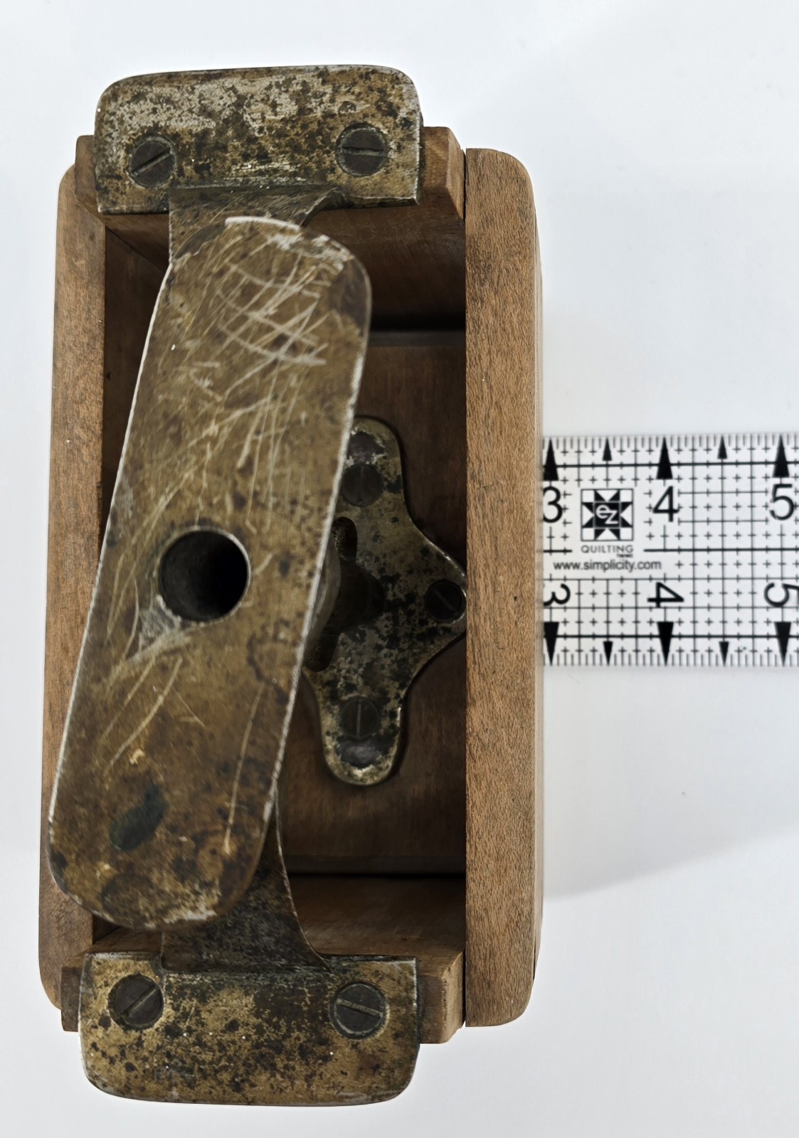 Antique Butter Pat Mold Stamp Press Dairy Criss Cross Brass Wood Farm Decor Rare