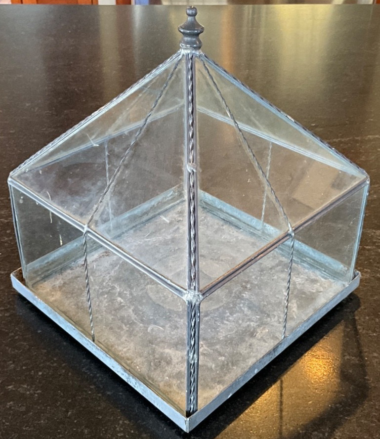 VTG metal terrarium greenhouse (10” tall) on an aluminum square base 8 1/2”