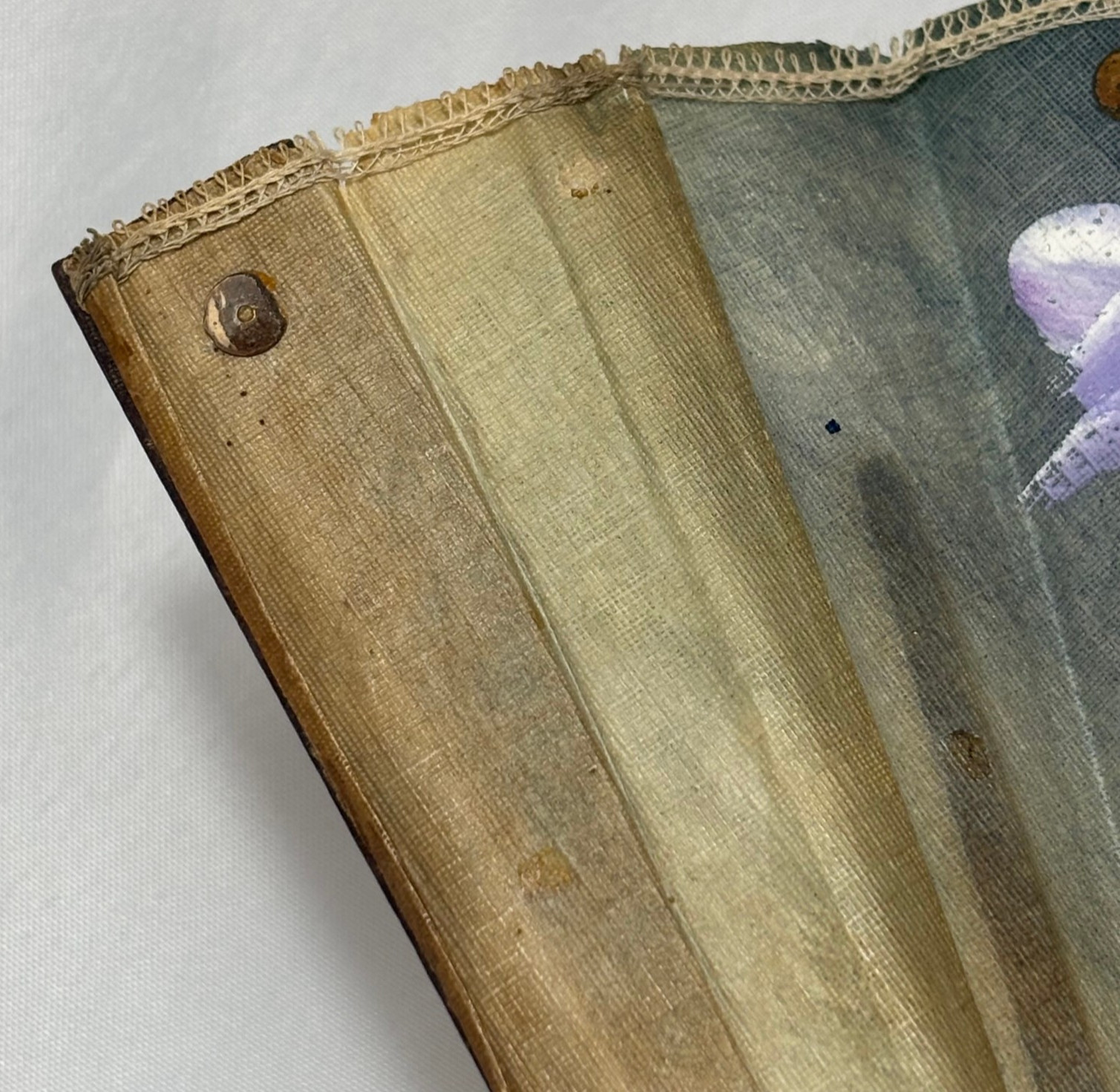 Maxim's France vintage linen folding fan purple pansy sequins