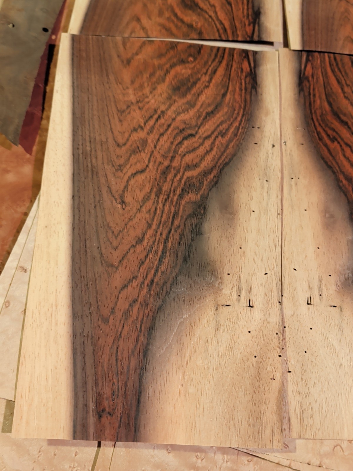 4 pieces of rosewood wood veneer 7" x 12 1/2" each raw 1/42" holes old