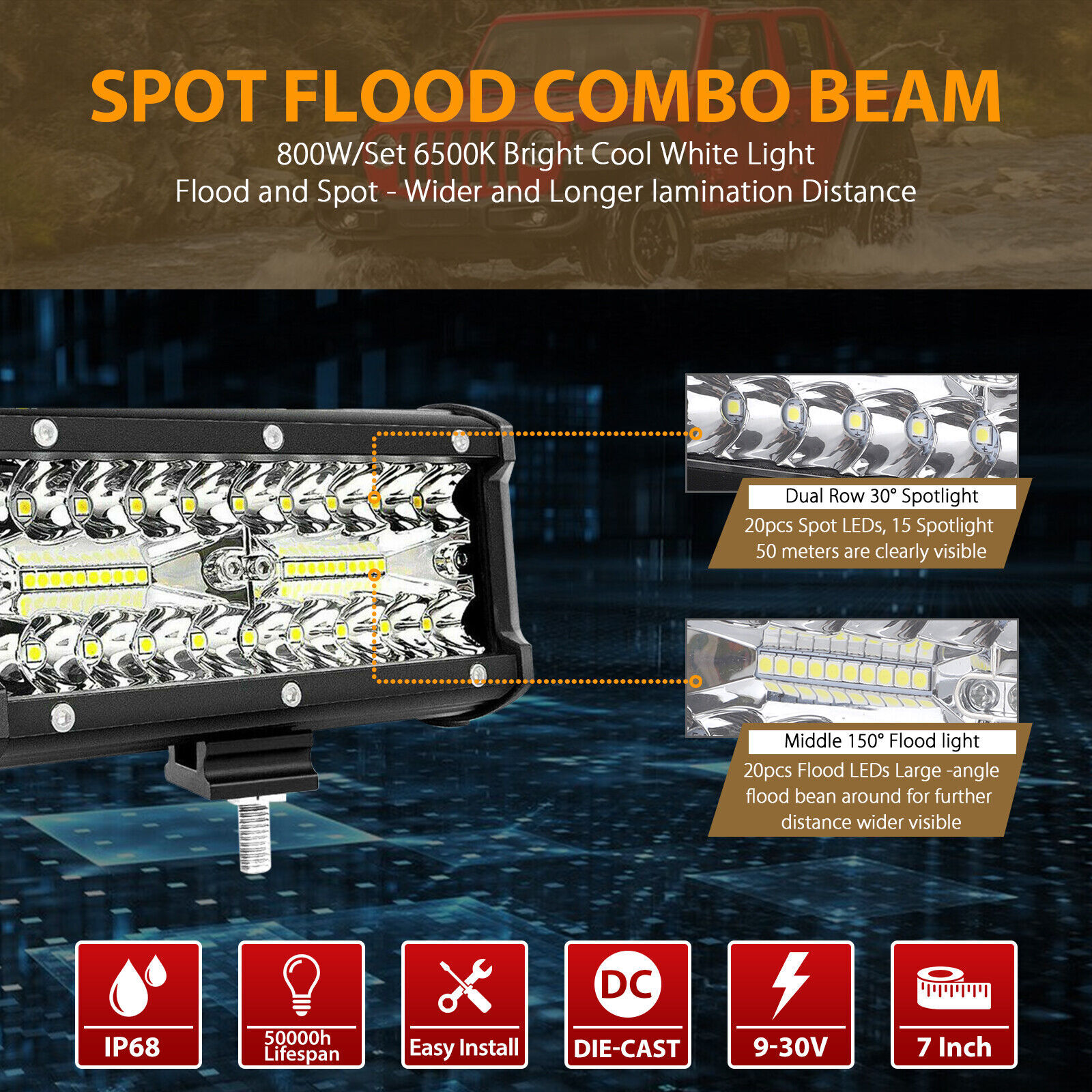 2x 7inch 20000LM LED Work Light Bar Flood Spot Pod Offroad Fog Driving ATV Truck