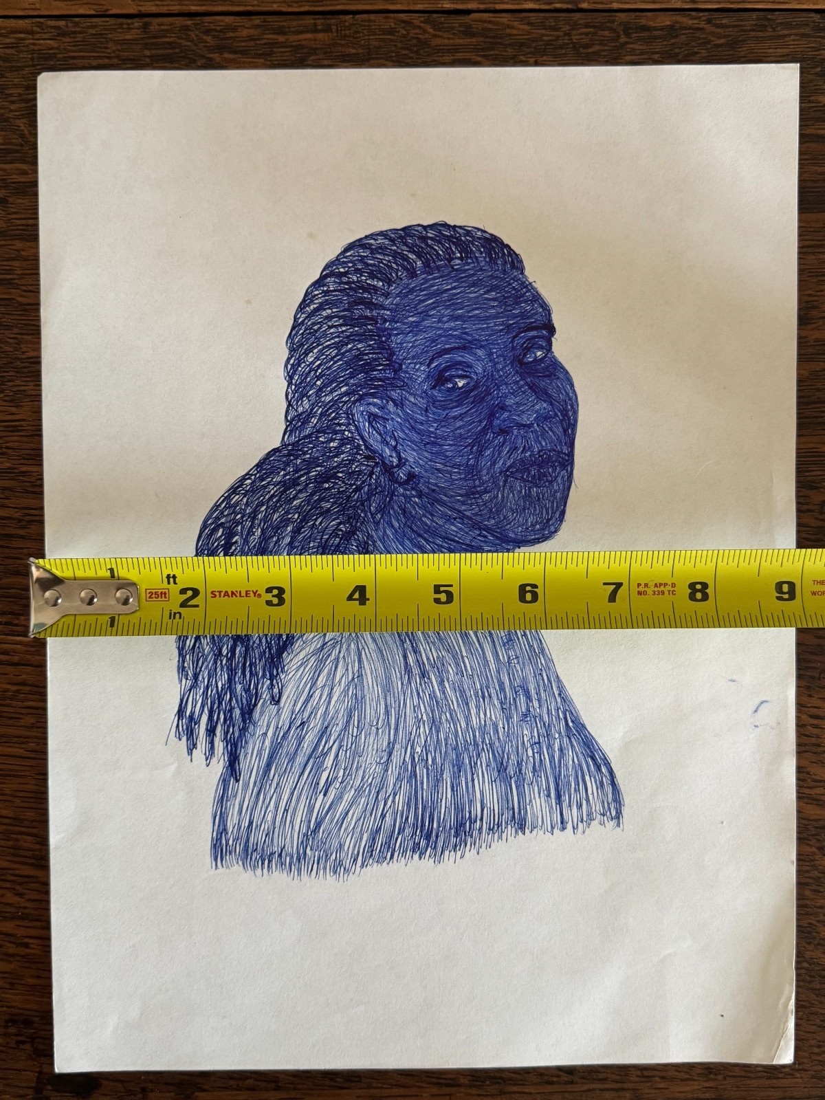 Original Young African-American Woman Blue Ballpoint Pen Portrait Drawing 9"x12"