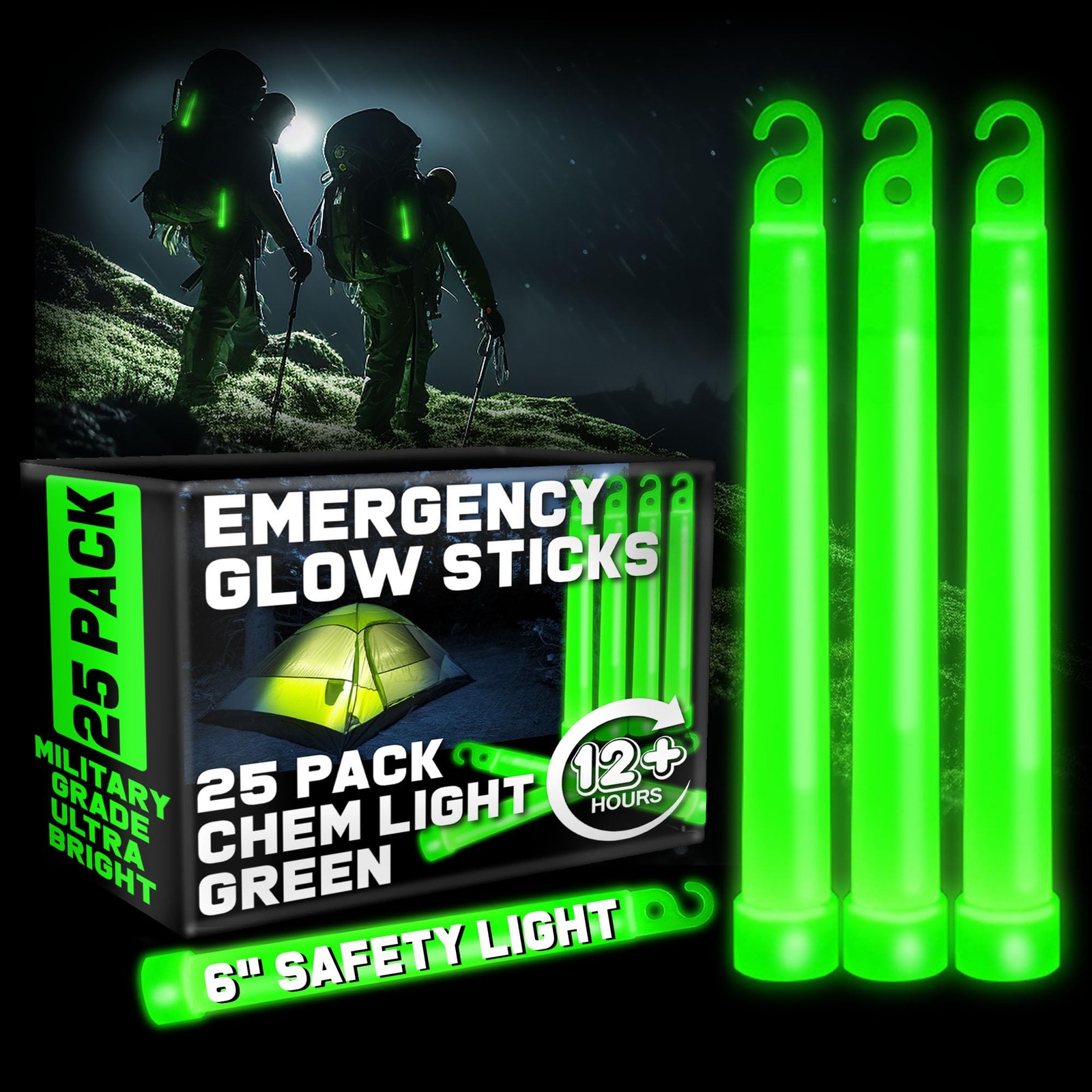 Green Glow Sticks Emergency Chem Lights (6", 25 Pack) Military Grade 12 Hour ...