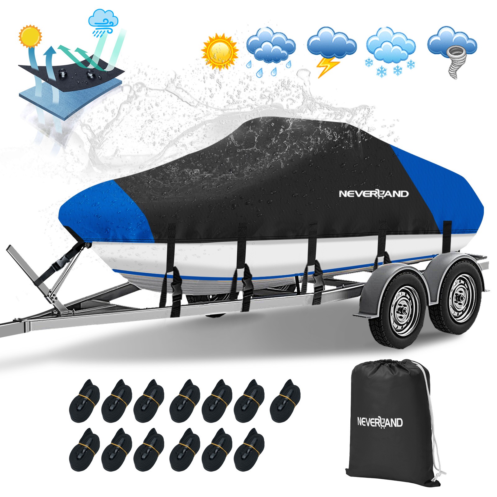 Boat Cover 17ft-19ft Heavy Duty Waterproof Trailerable Fits V-Hull Tri-Hull Bass