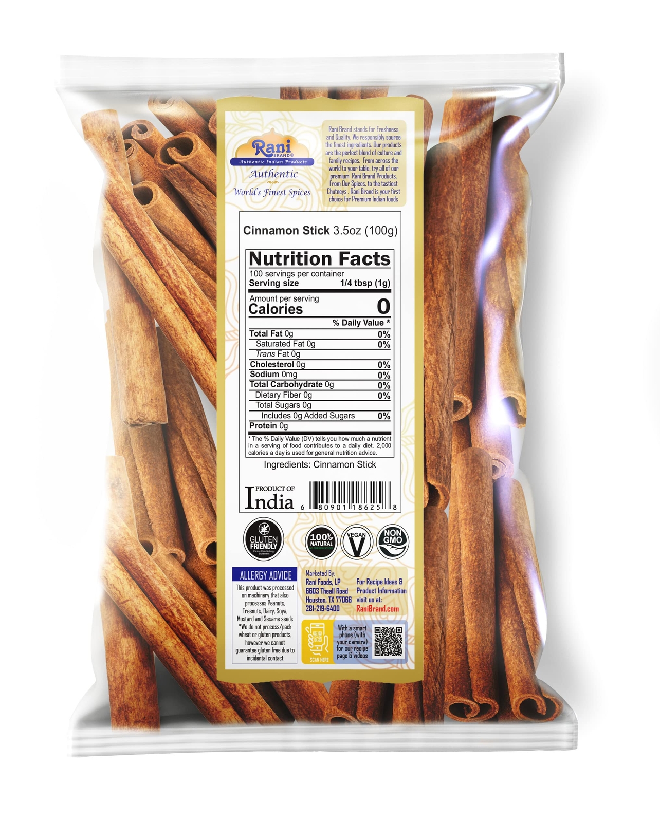 Rani Cinnamon Sticks 3.5oz (100g) ~ 18-22 Sticks 3 Inches in Length Cassia Round