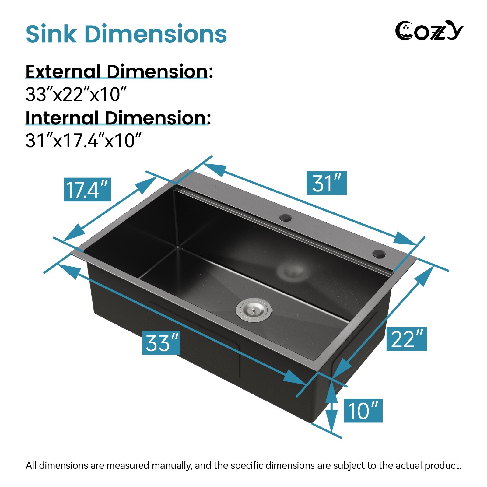 Cozy n Bath 33x22 inch overmount kitchen sink with accessors and drain