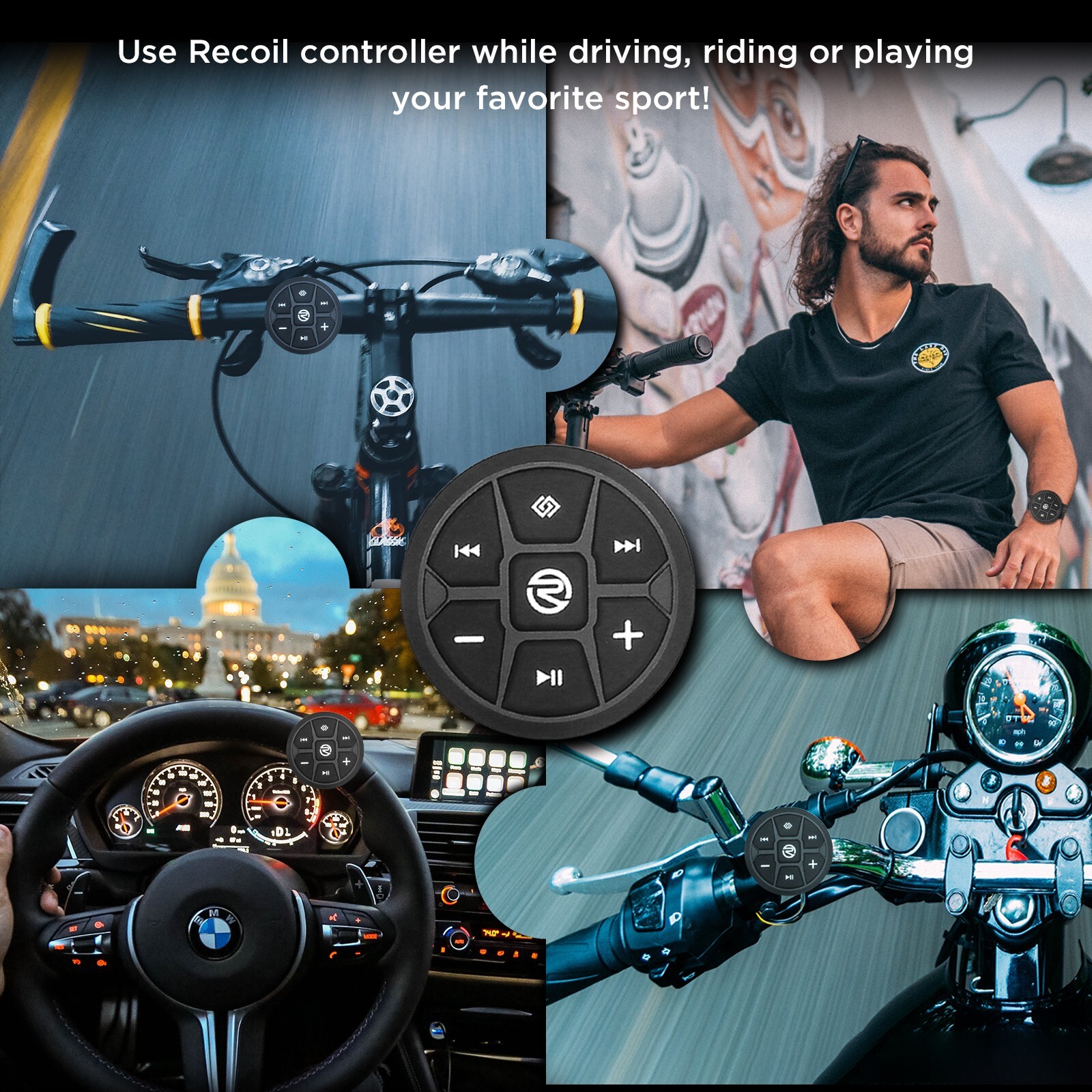 Recoil PRC2B Black Waterproof Bluetooth Wearable Media Button for Car Bike Boat