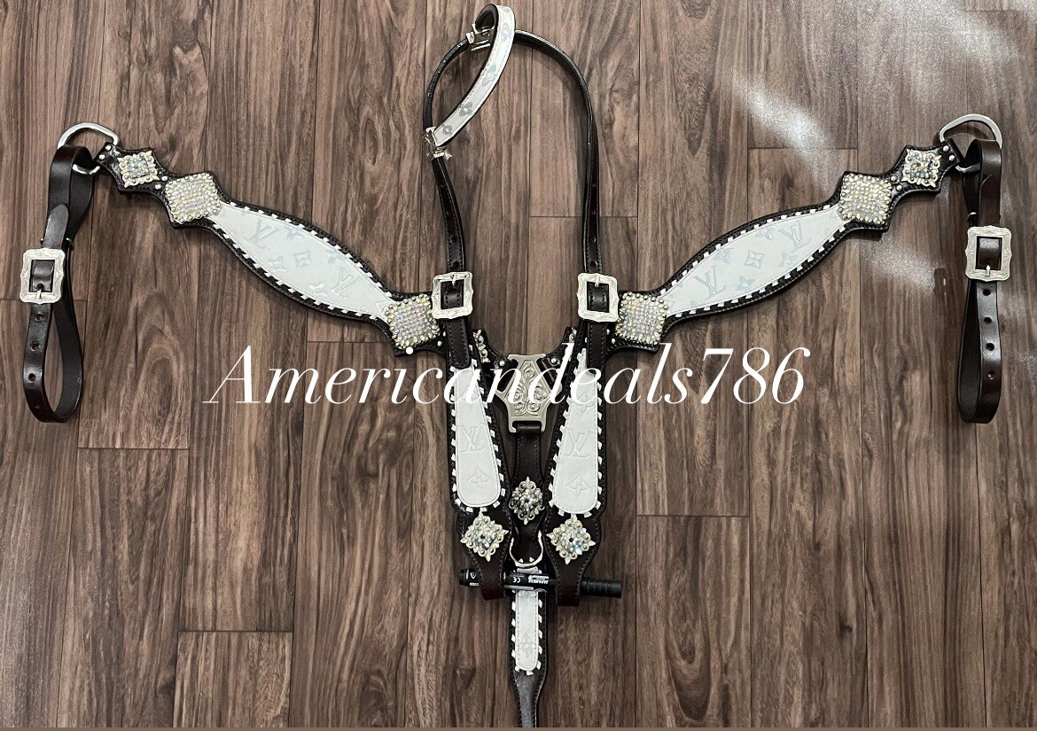 Western Brown Leather Bling Tack Set With White Reflective Leather