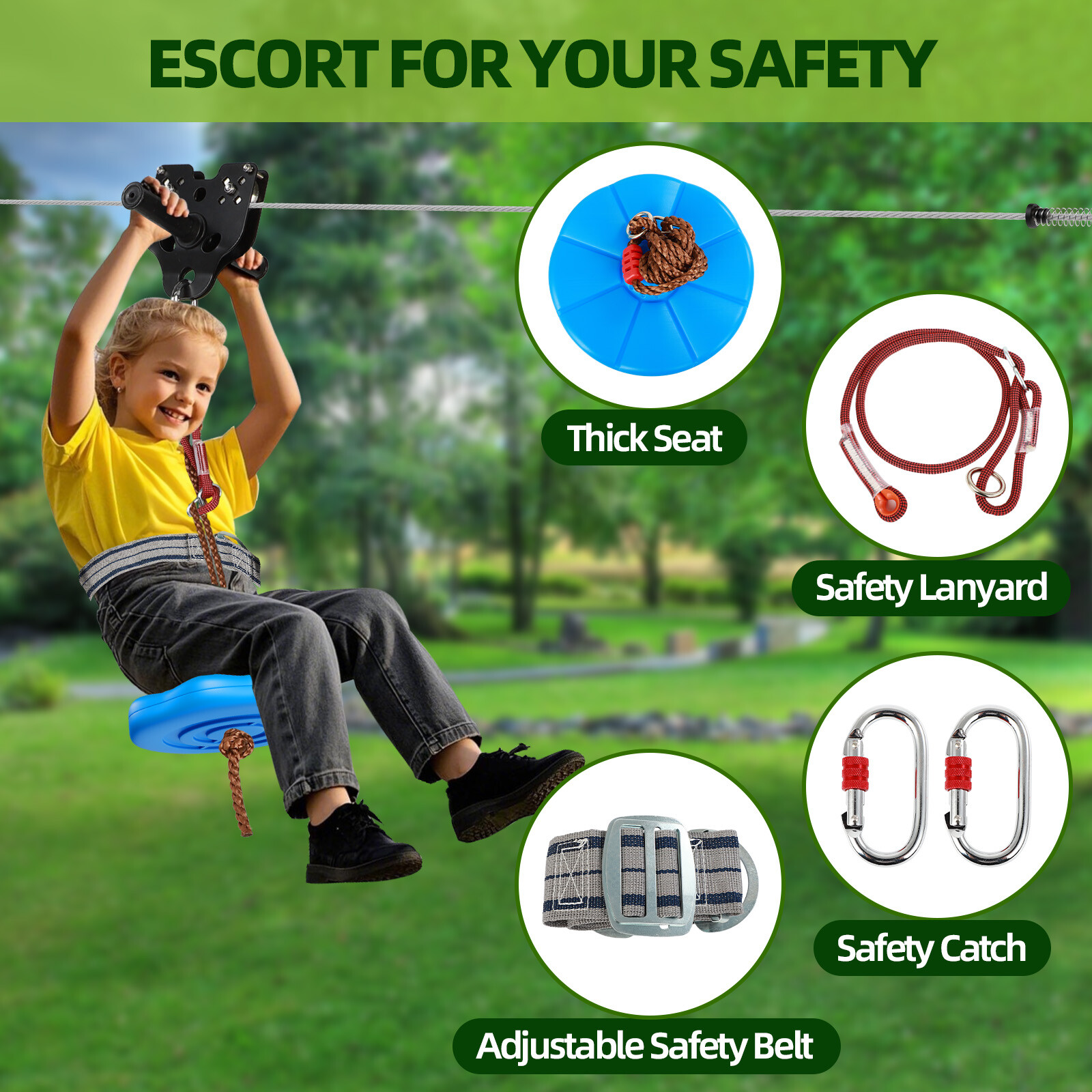 160FT Zipline for Backyard Kids and Adults Up to 400 lbs - Outdoor Zip Lines Kit