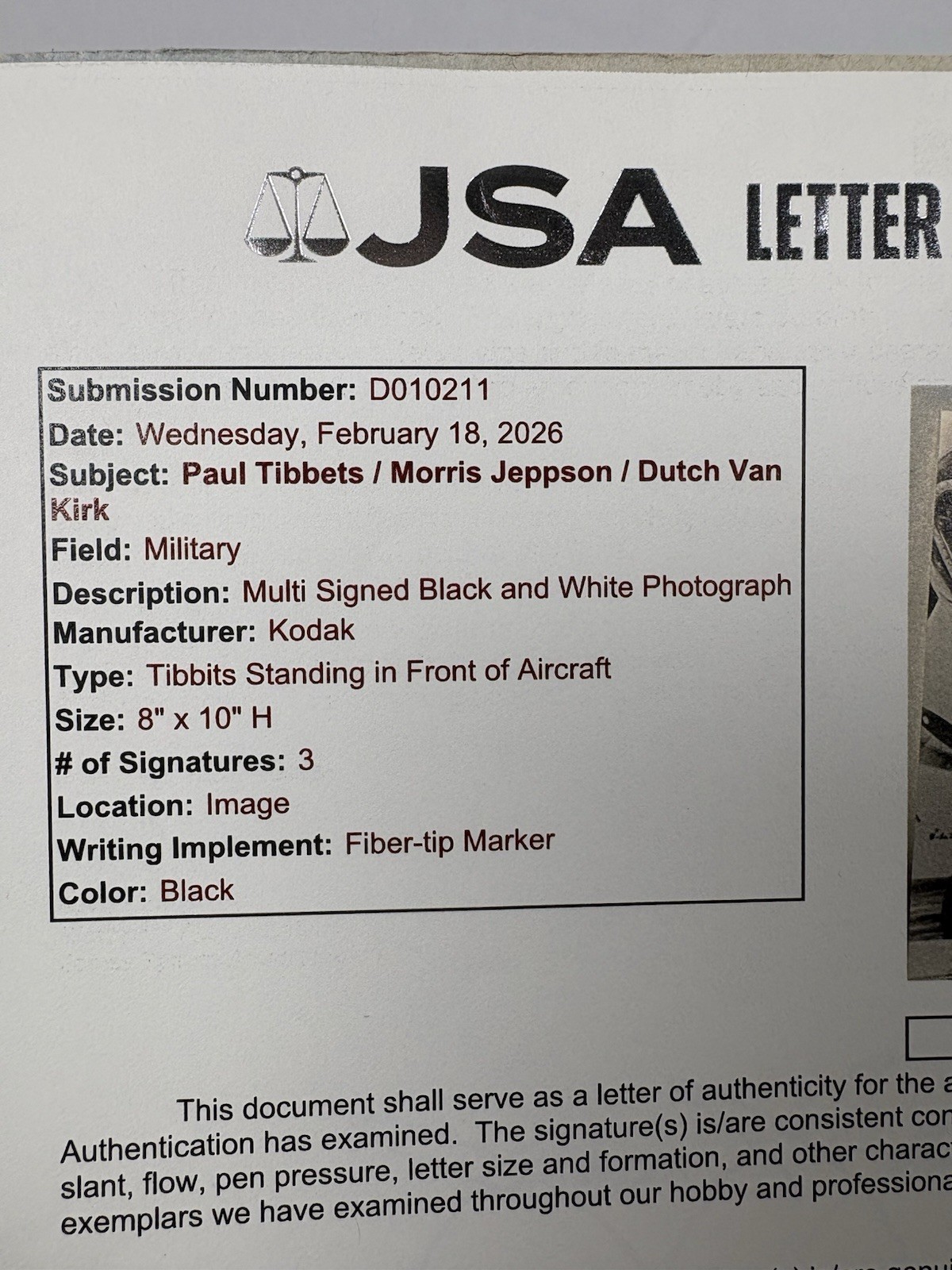 Enola Gay Crew "Hiroshima " Signed Photo Tibbets~Jeppson~Van Kirk JSA LOA