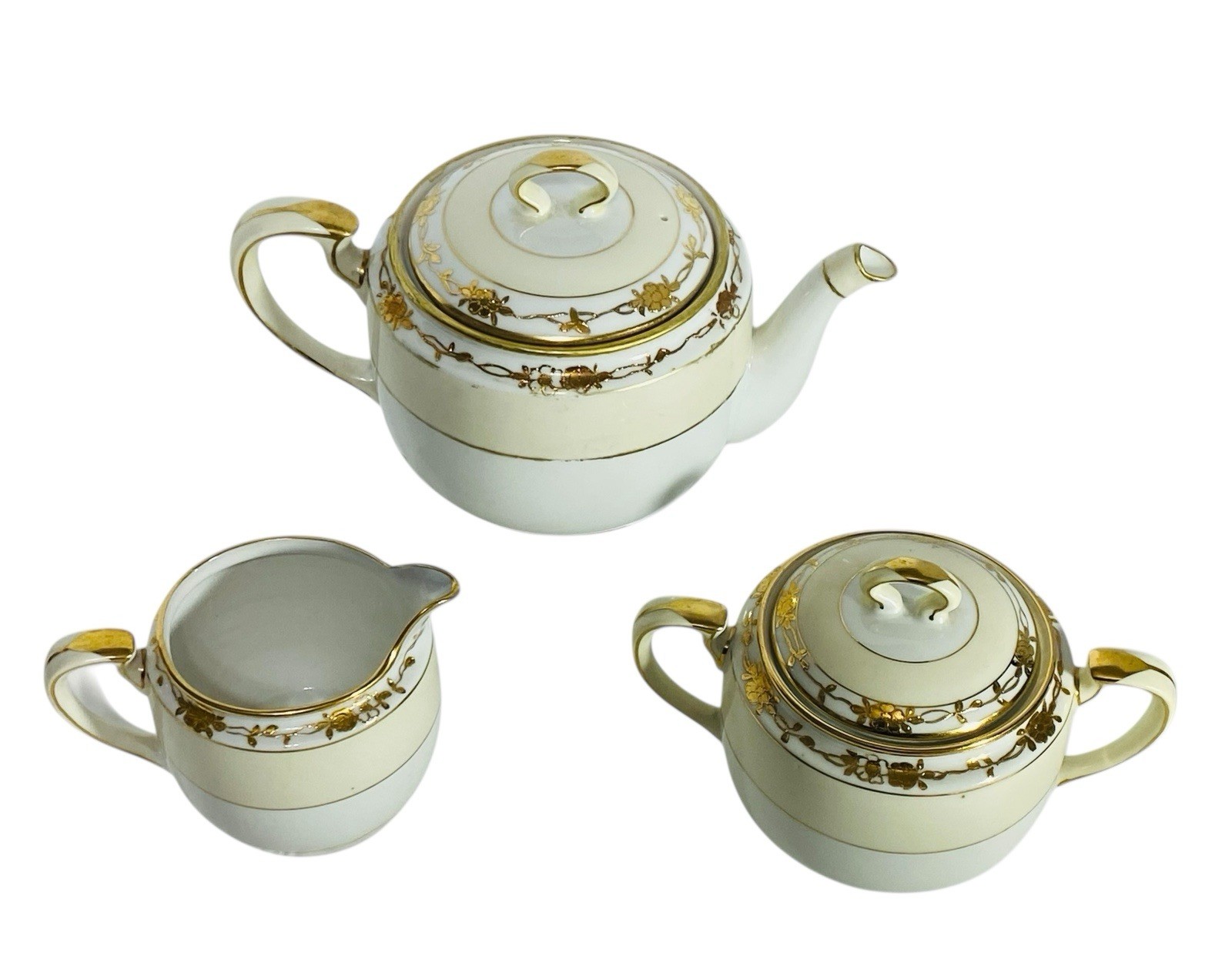 Handpainted Nippon Teapot Lid Creamer Sugar Bowl Lid Beige Gold Gilt Trim Floral