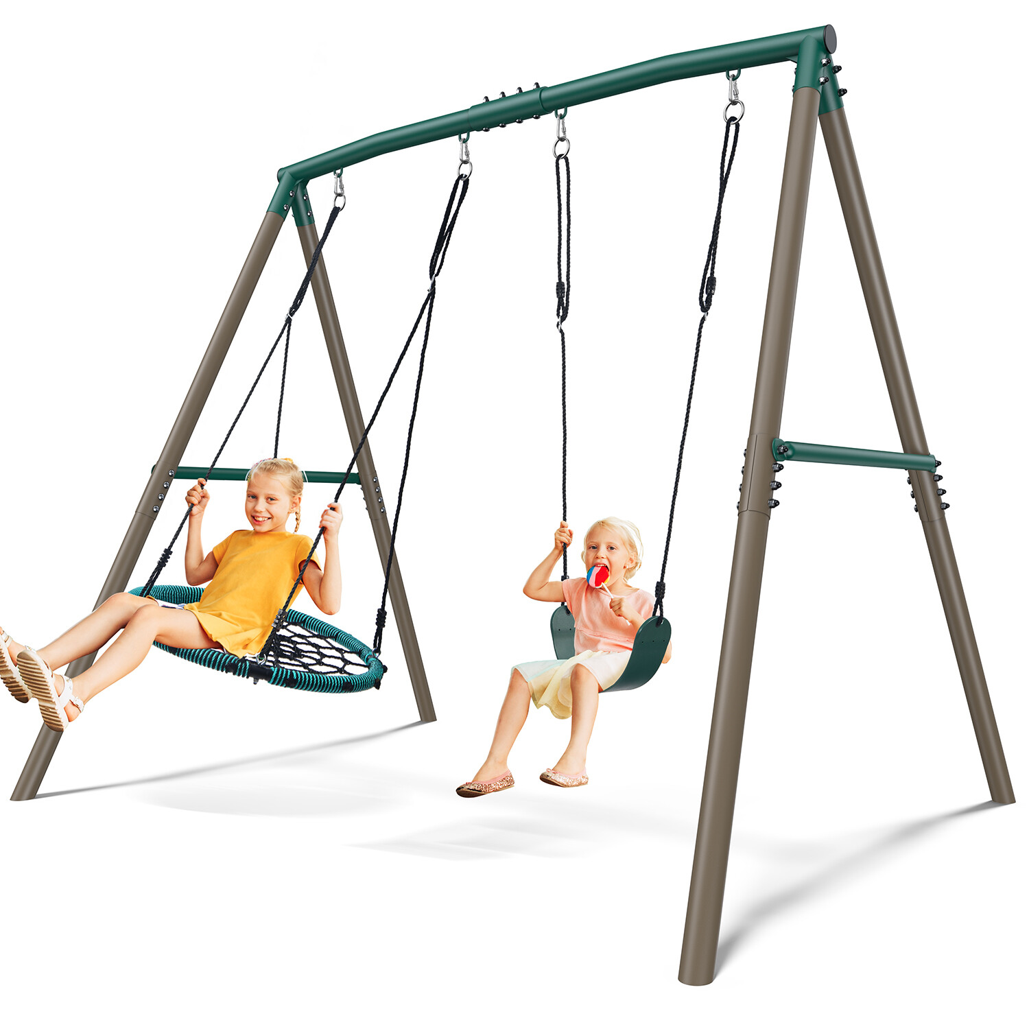 Hapfan 7.5ft Tall Swing Sets for Backyard 500lbs Heavy Duty Swing Set w/2 Swings